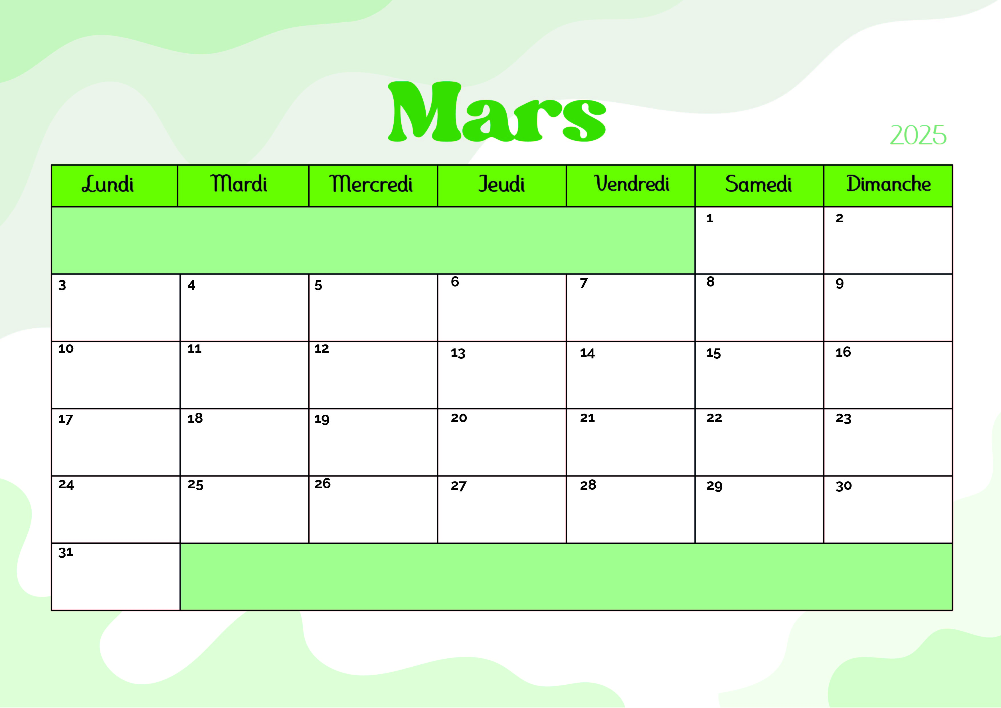 Calendrier Mars 2025 à imprimer