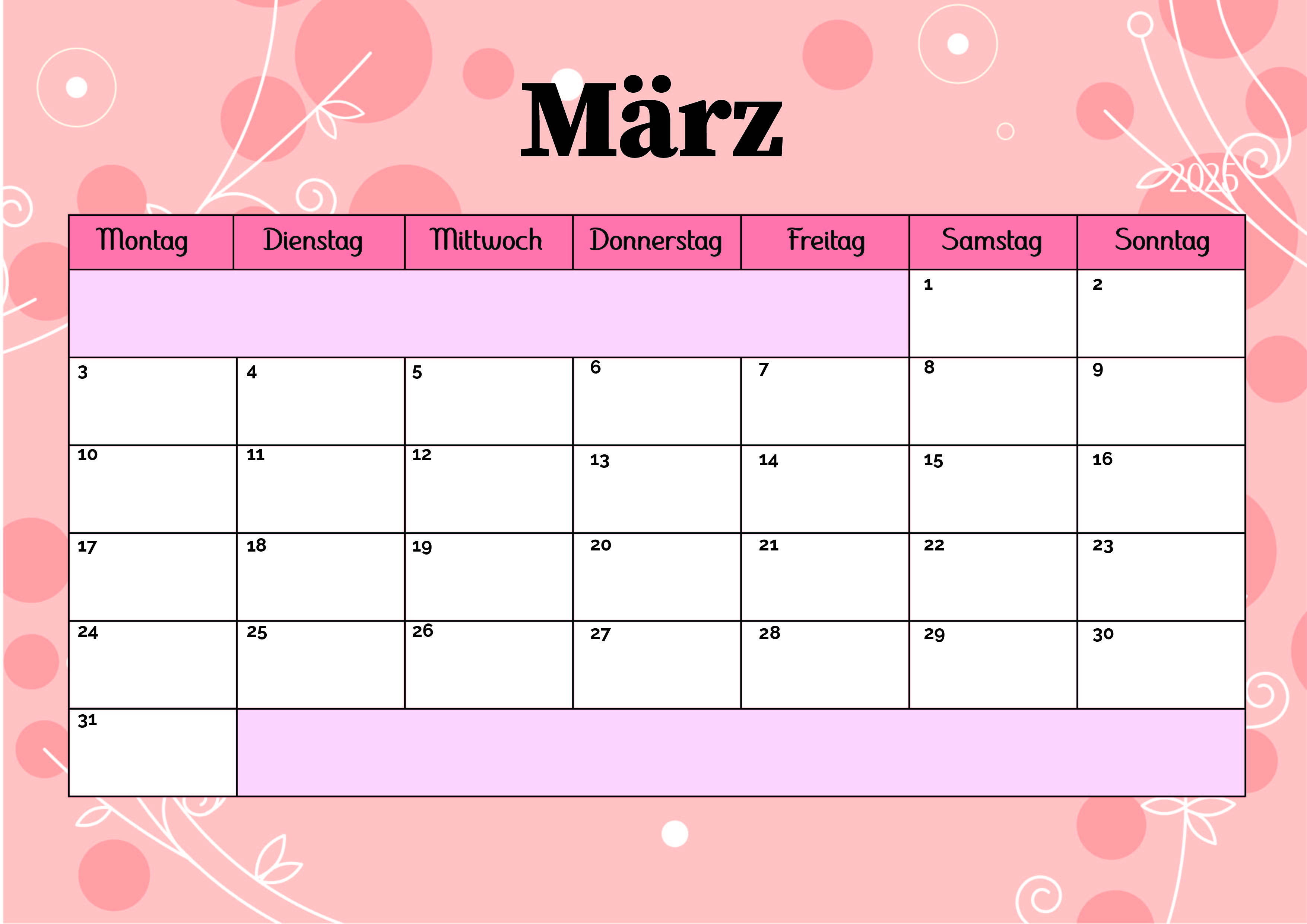 Kalender März zum Ausdrucken