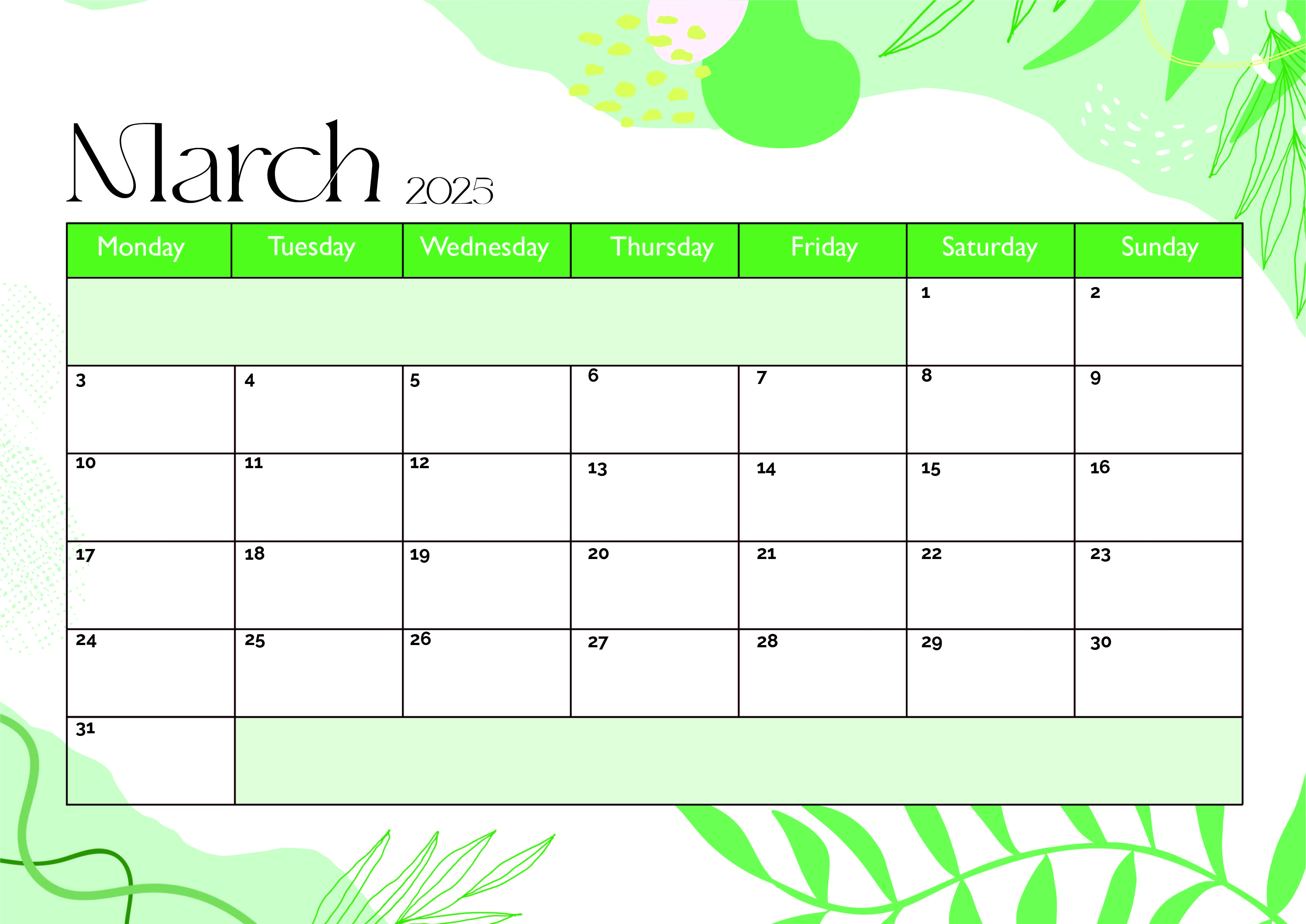 March 2025 Calendar for Printing