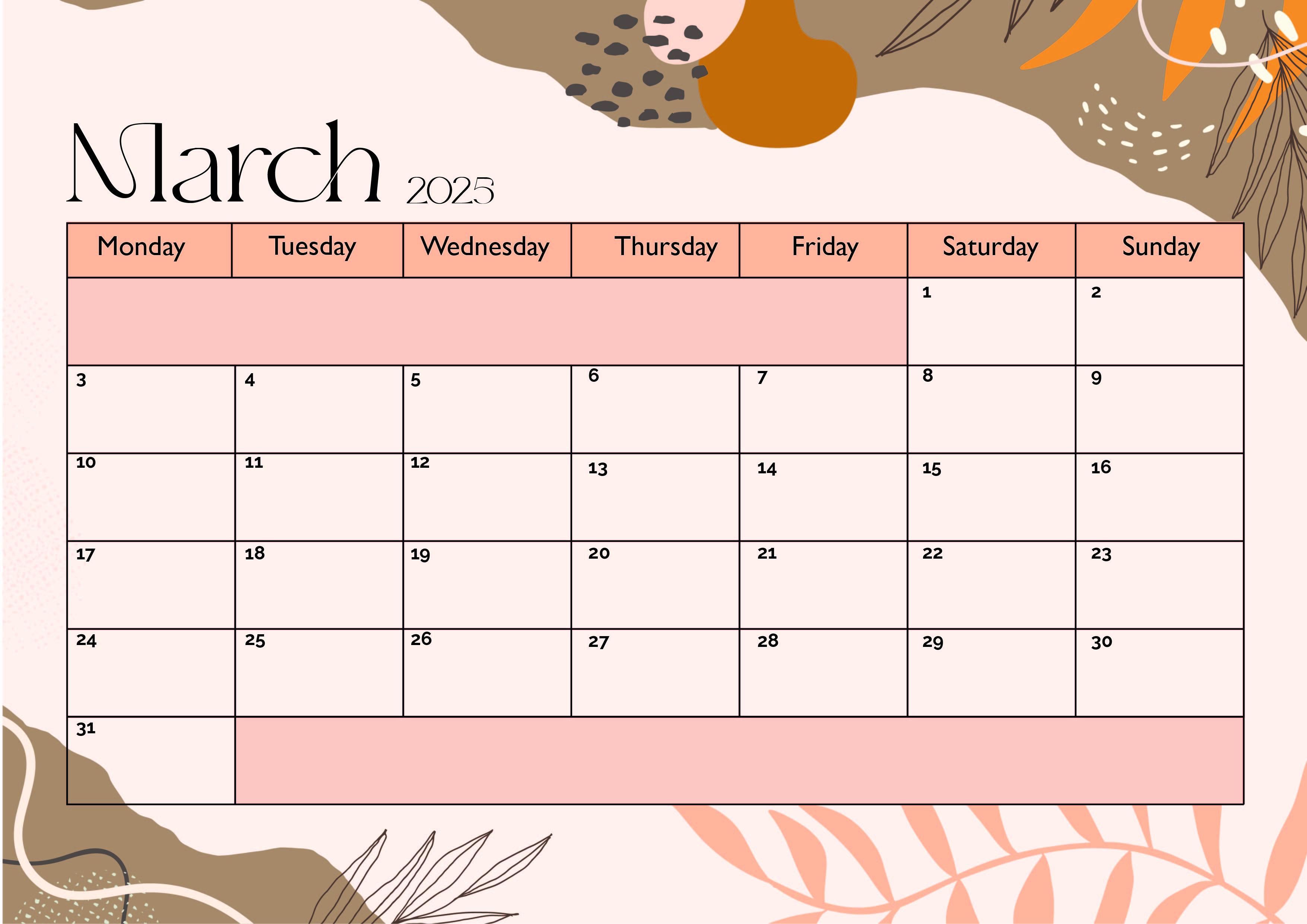 March 2025 Calendar for Printing