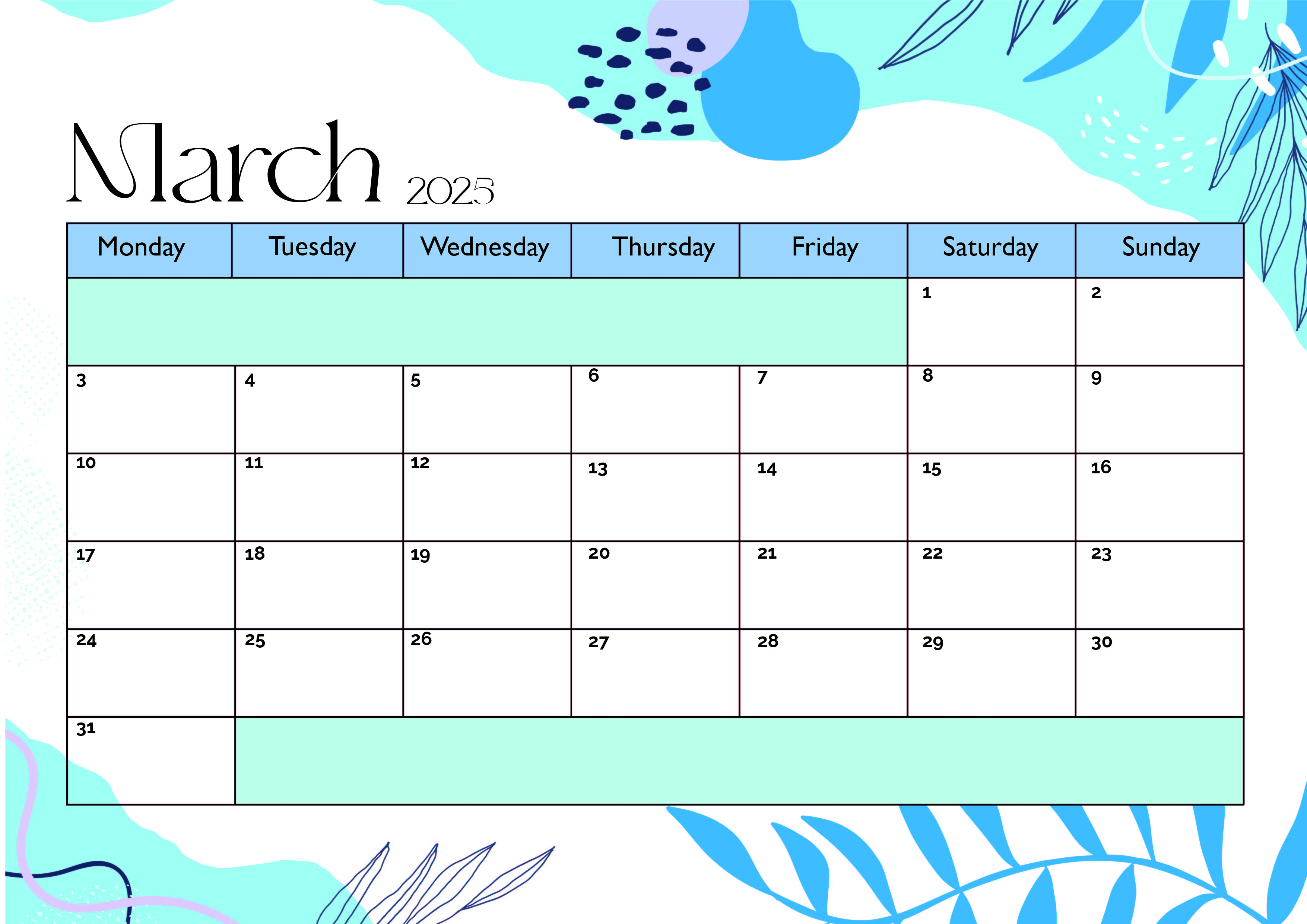 March 2025 Calendar for Printing