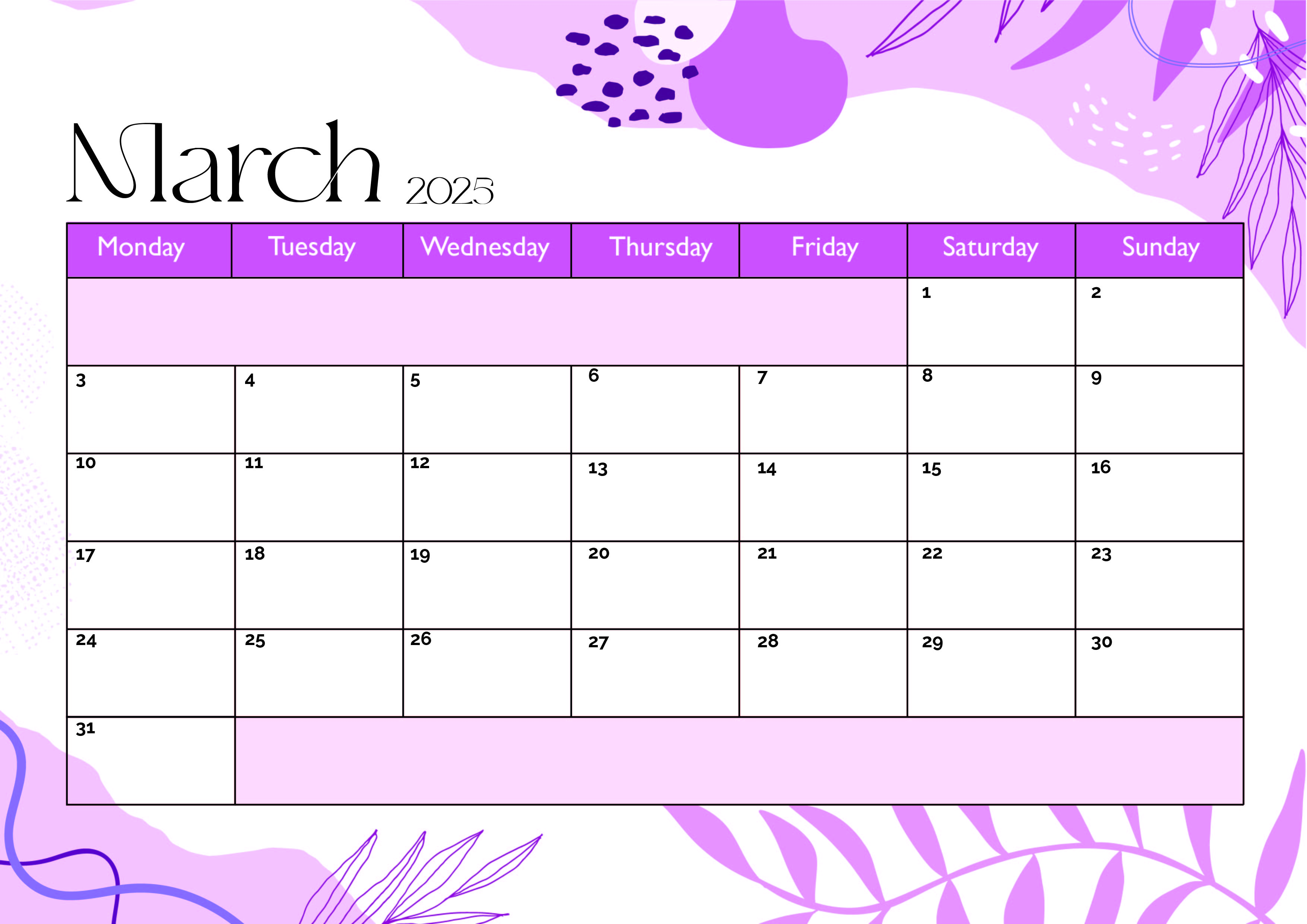 March 2025 Calendar for Printing