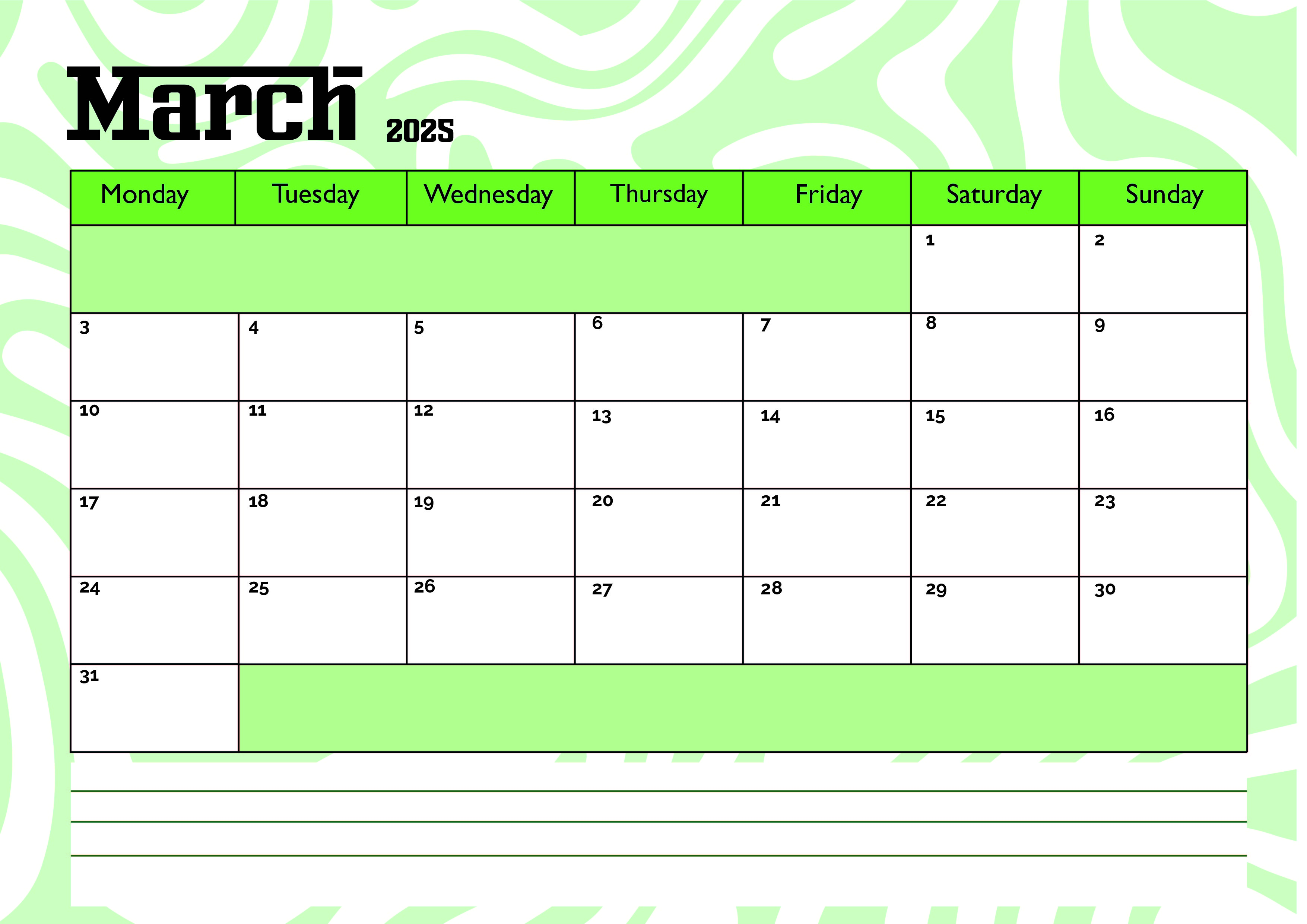 March 2025 Calendar for Printing