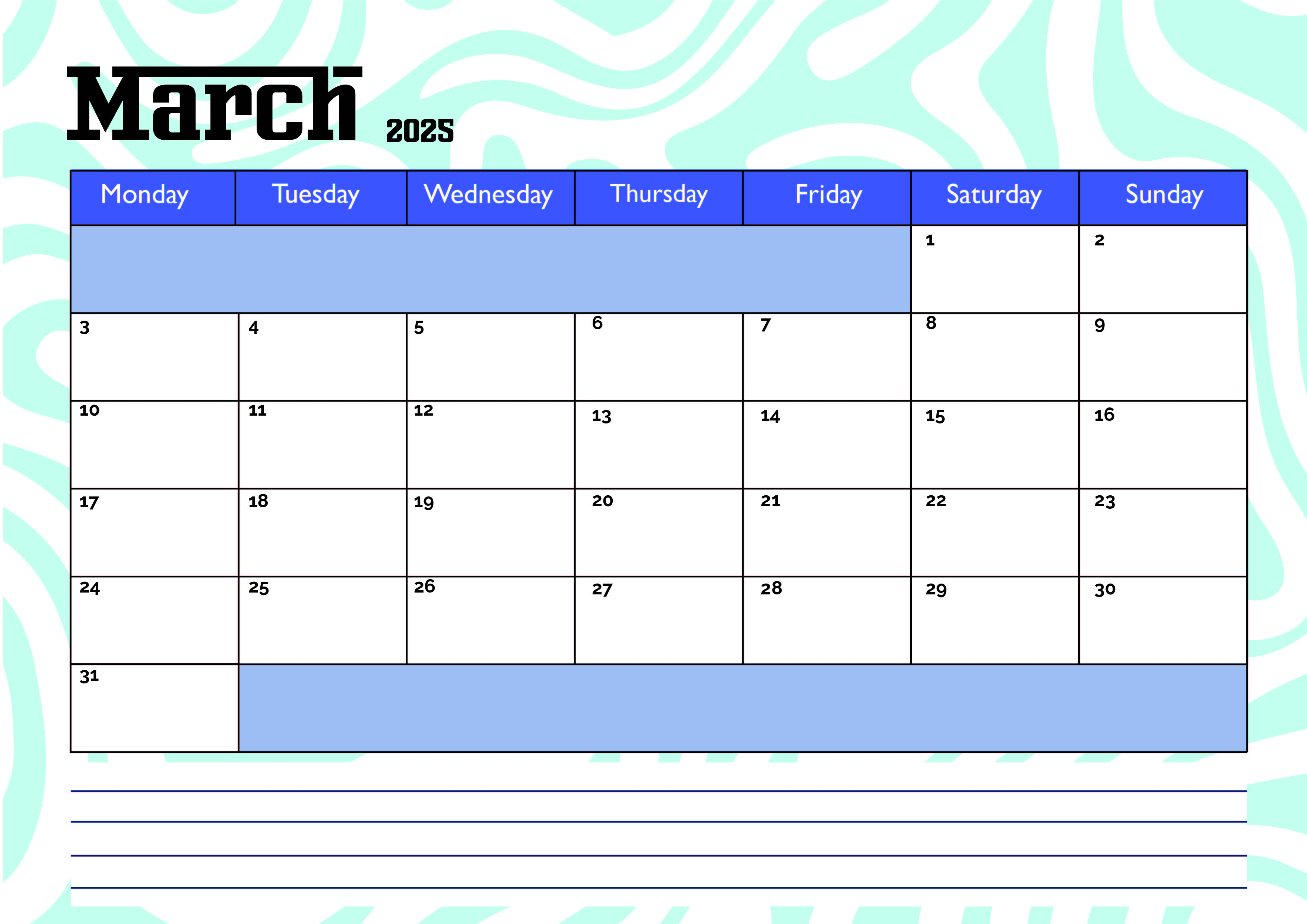 March 2025 Calendar for Printing