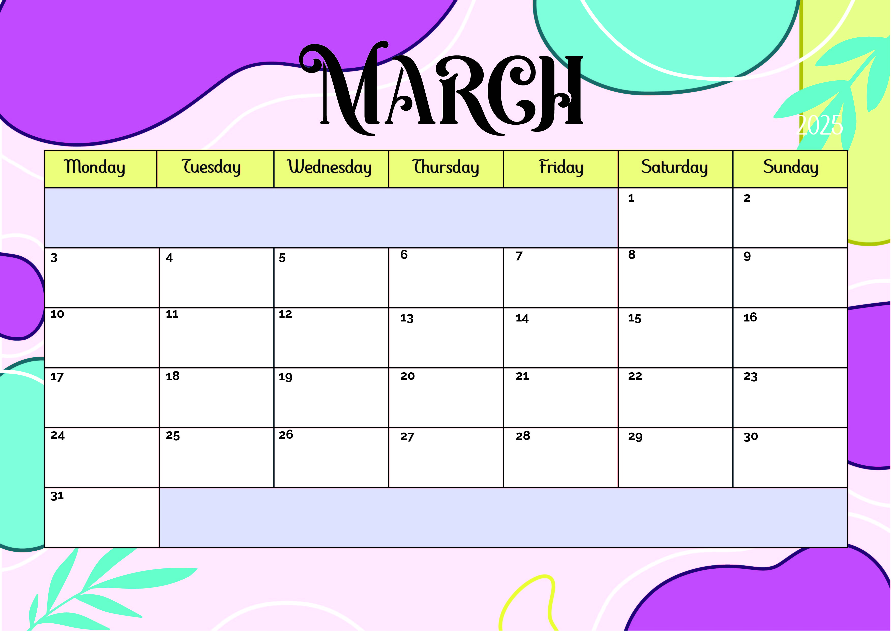 March 2025 Calendar for Printing