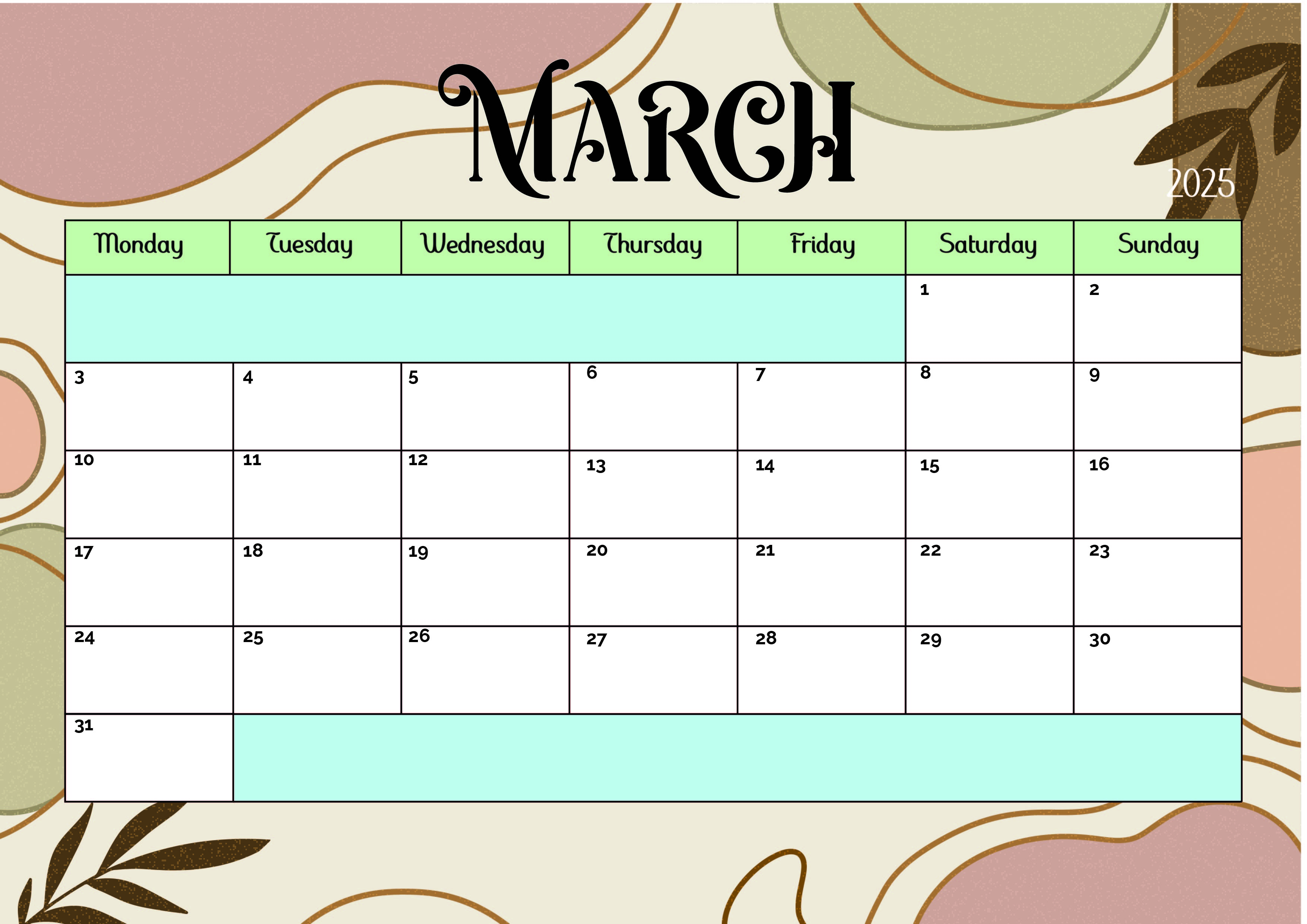 March 2025 Calendar for Printing