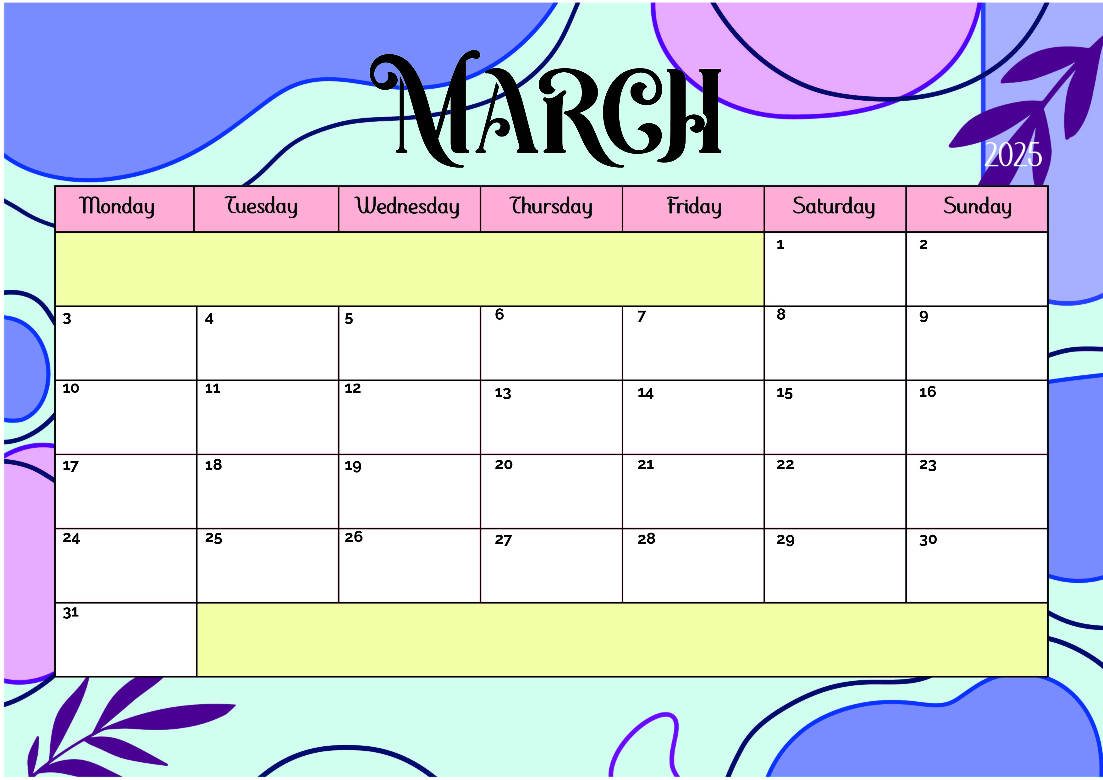 March 2025 Calendar for Printing