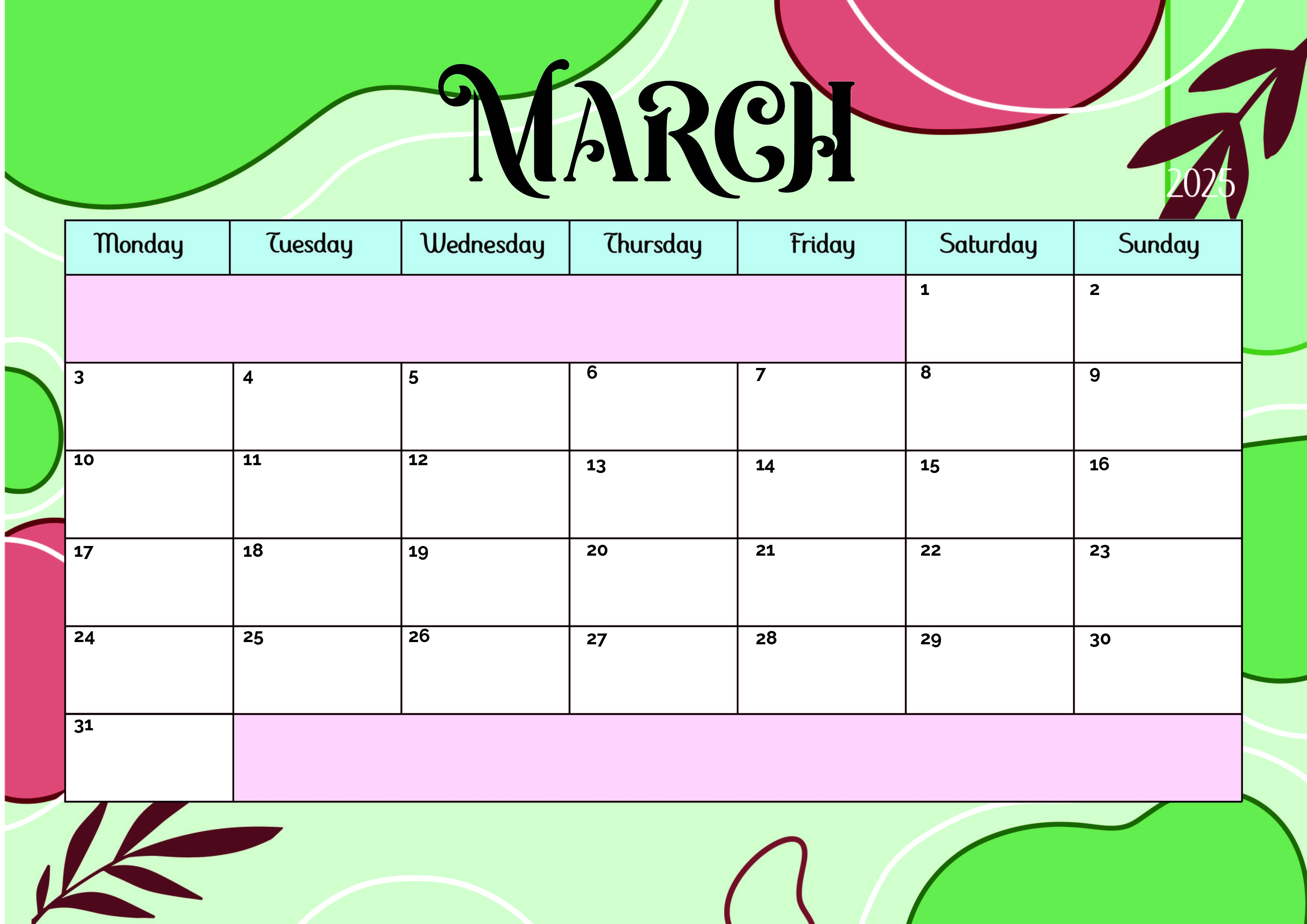 March 2025 Calendar for Printing