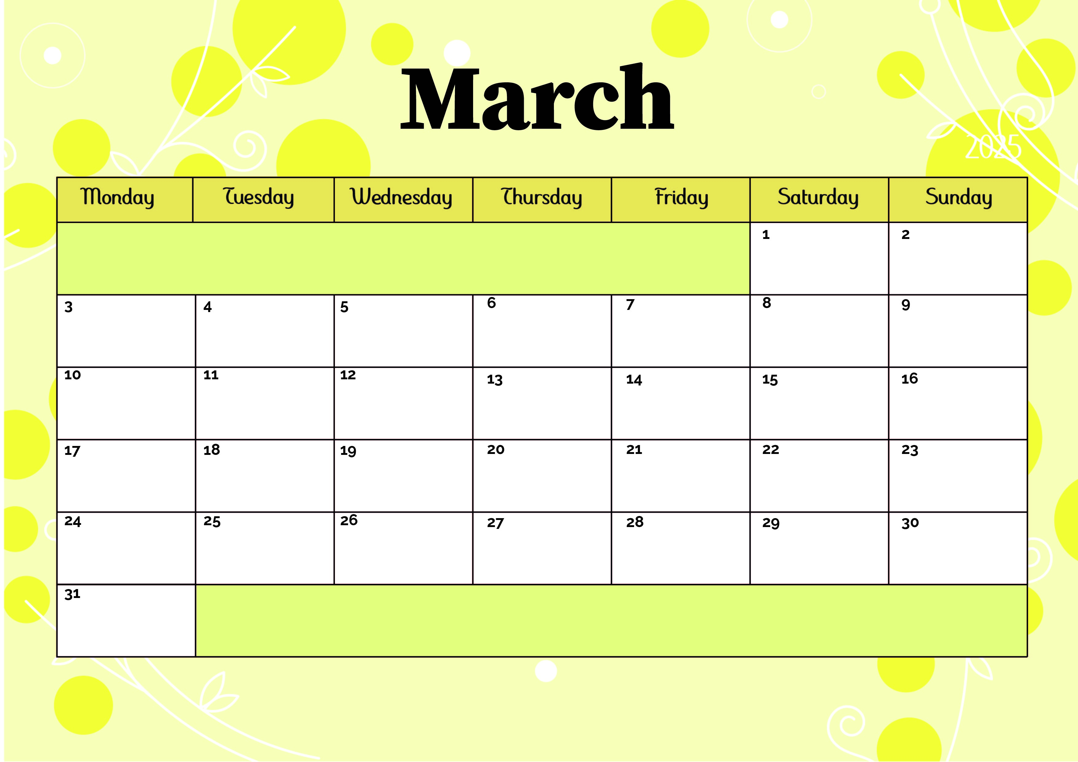 March 2025 Calendar for Printing