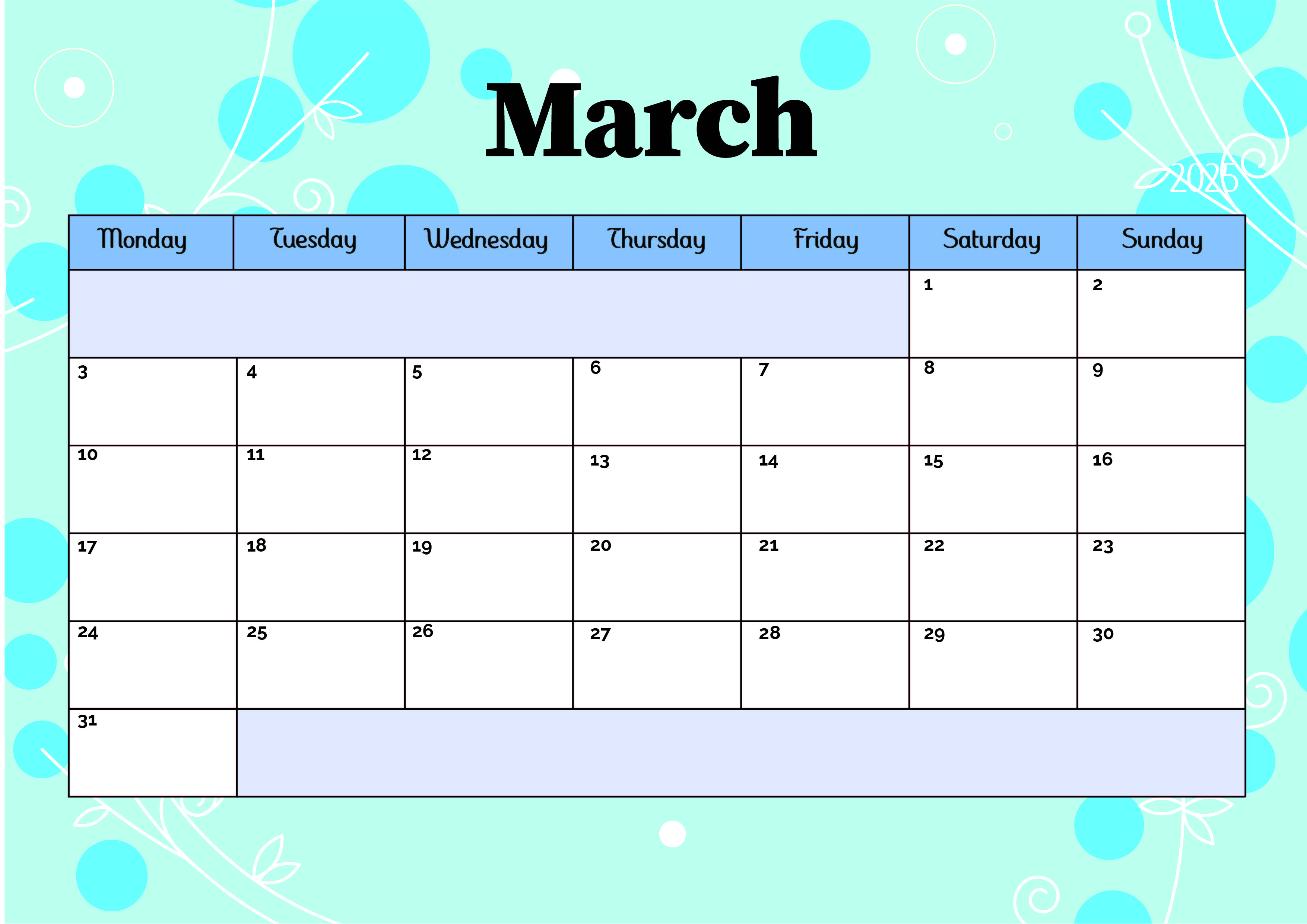 March 2025 Calendar for Printing