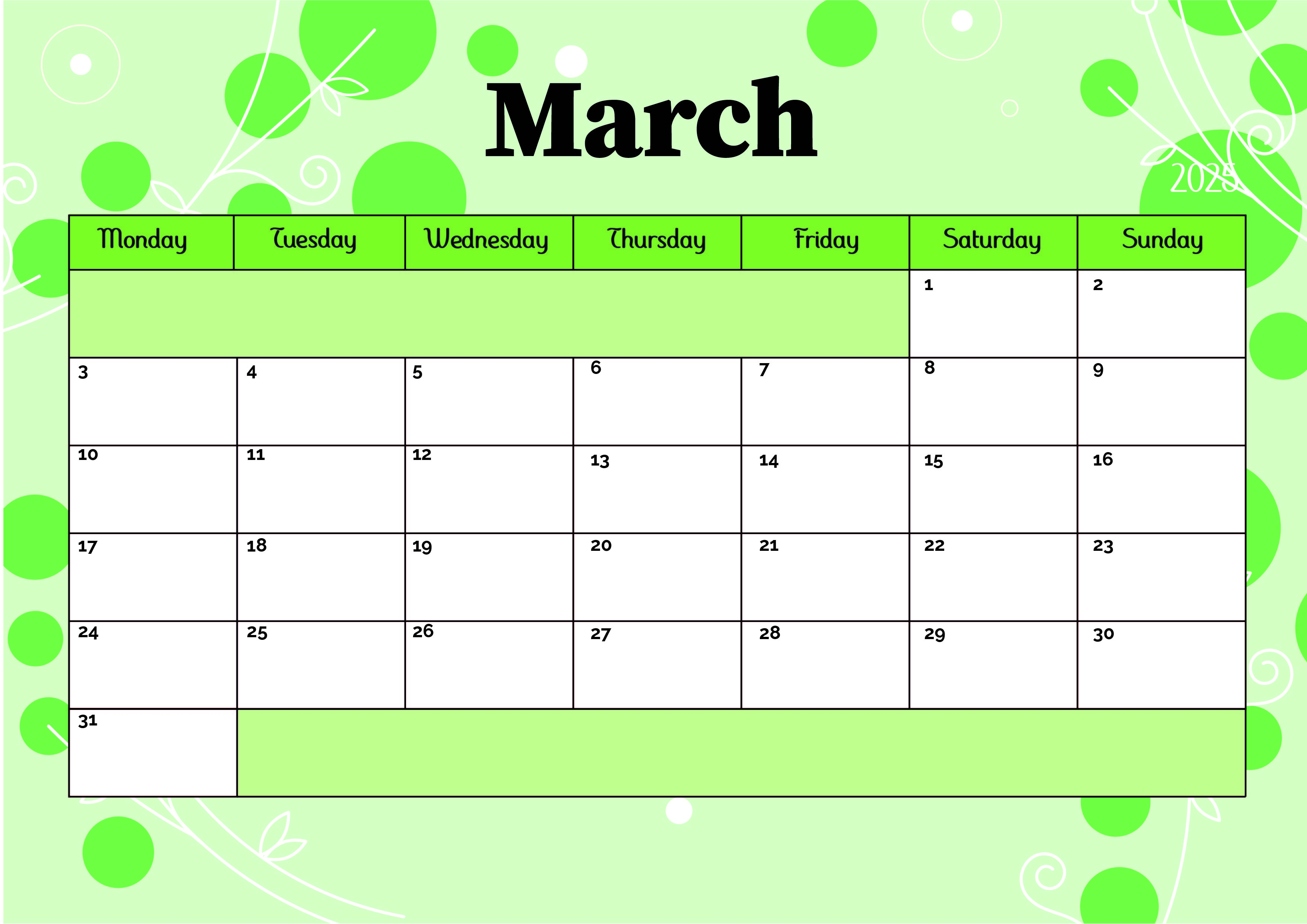 March 2025 Calendar for Printing