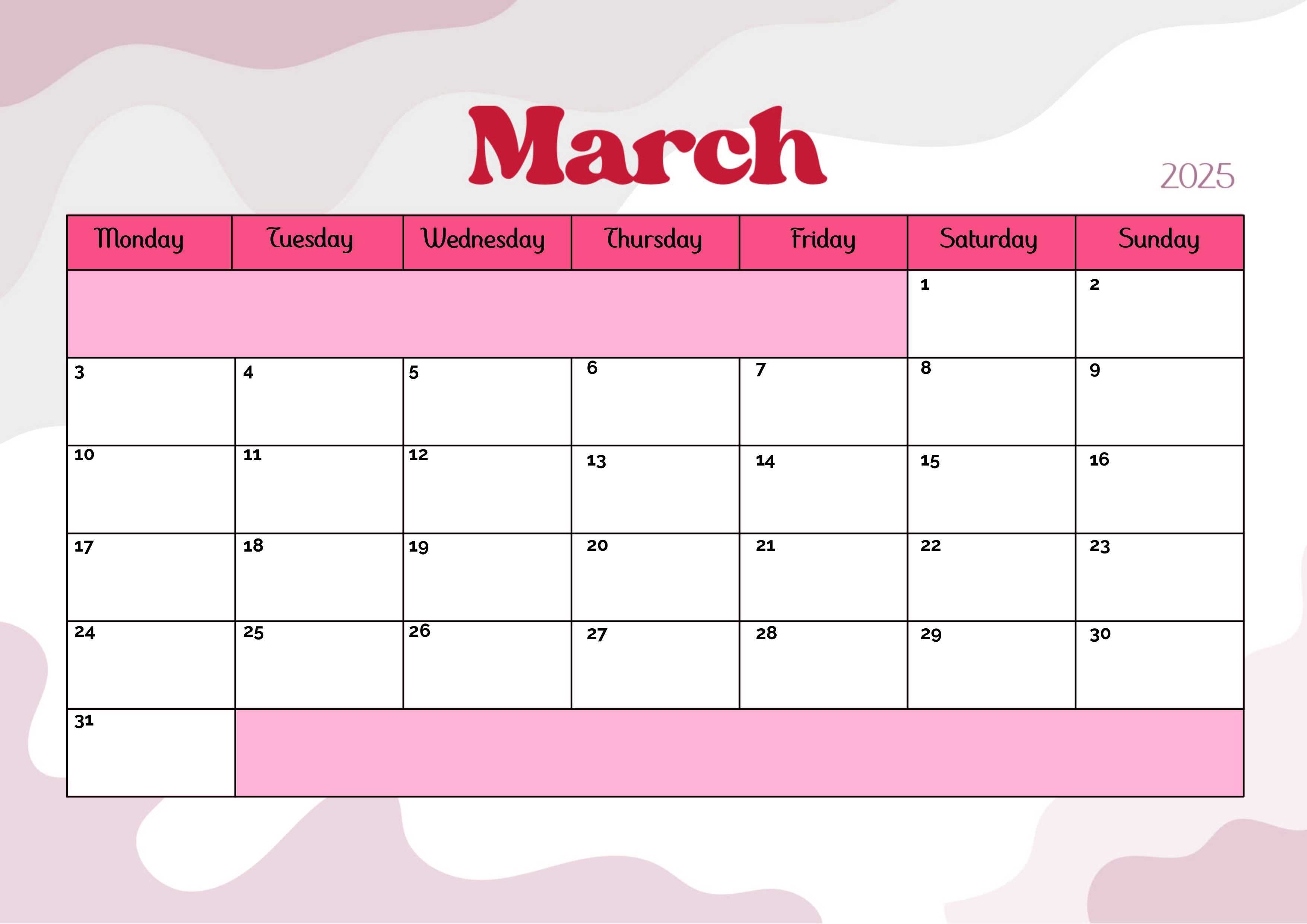 March 2025 Calendar for Printing