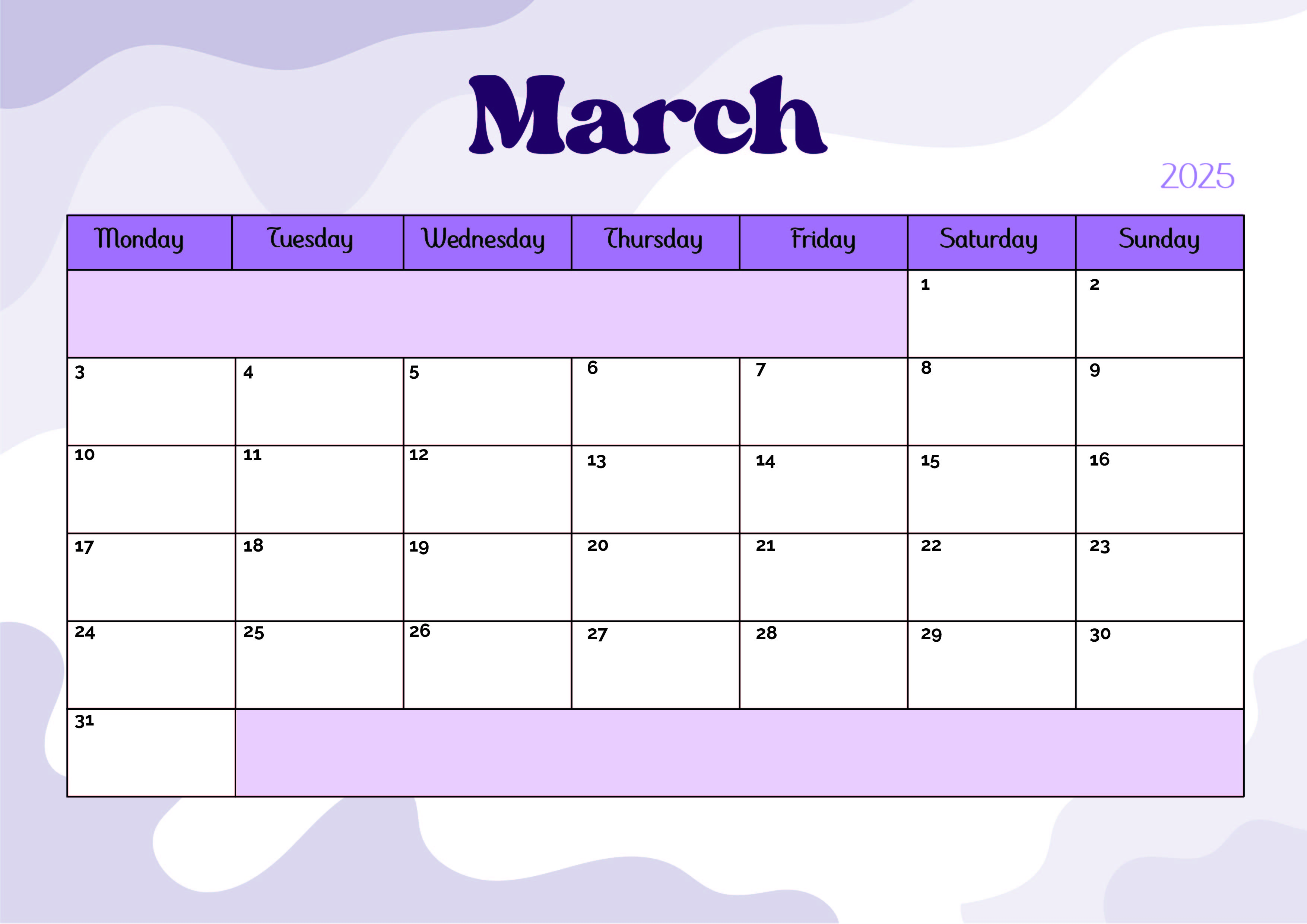 March 2025 Calendar for Printing