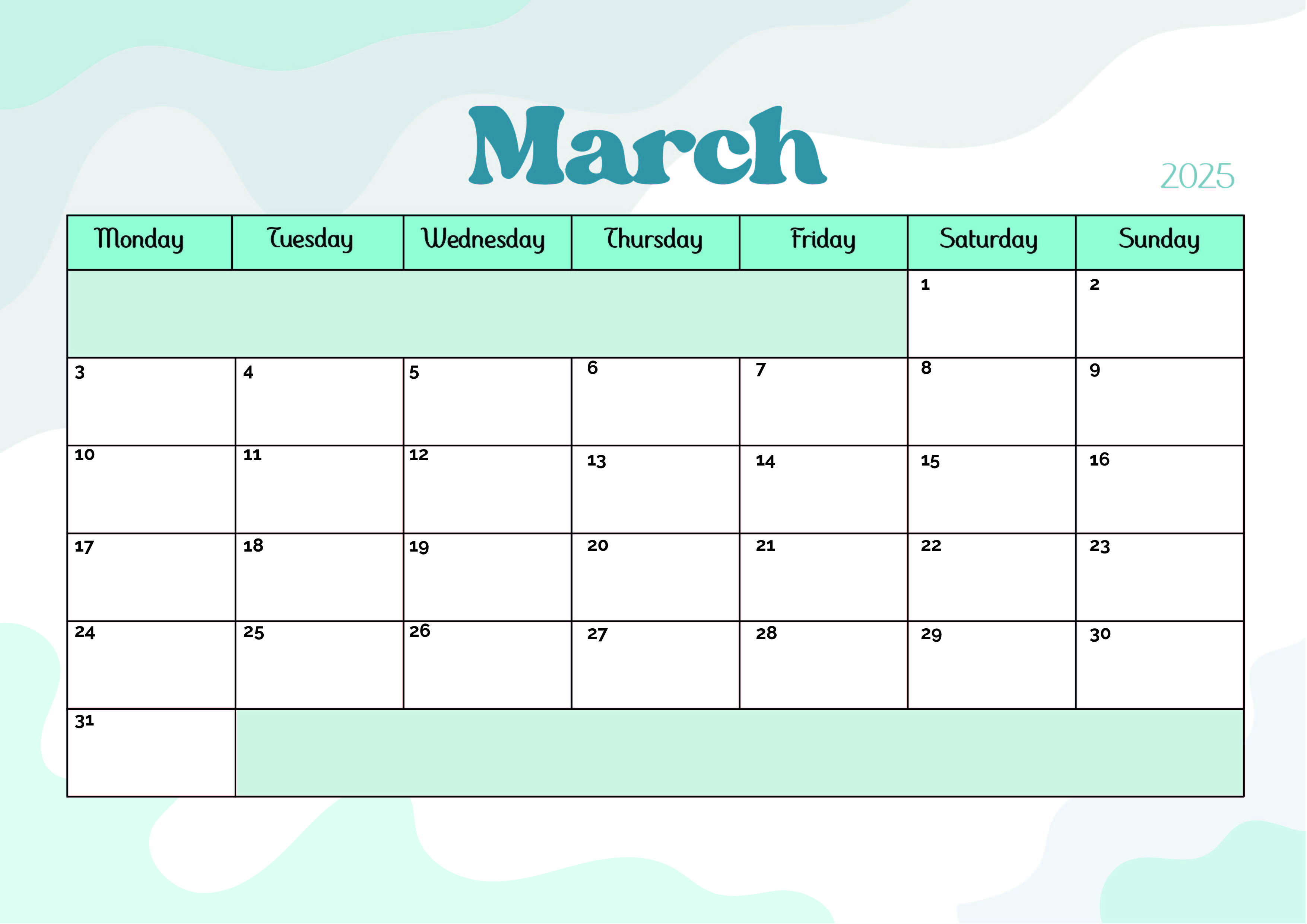 March 2025 Calendar for Printing