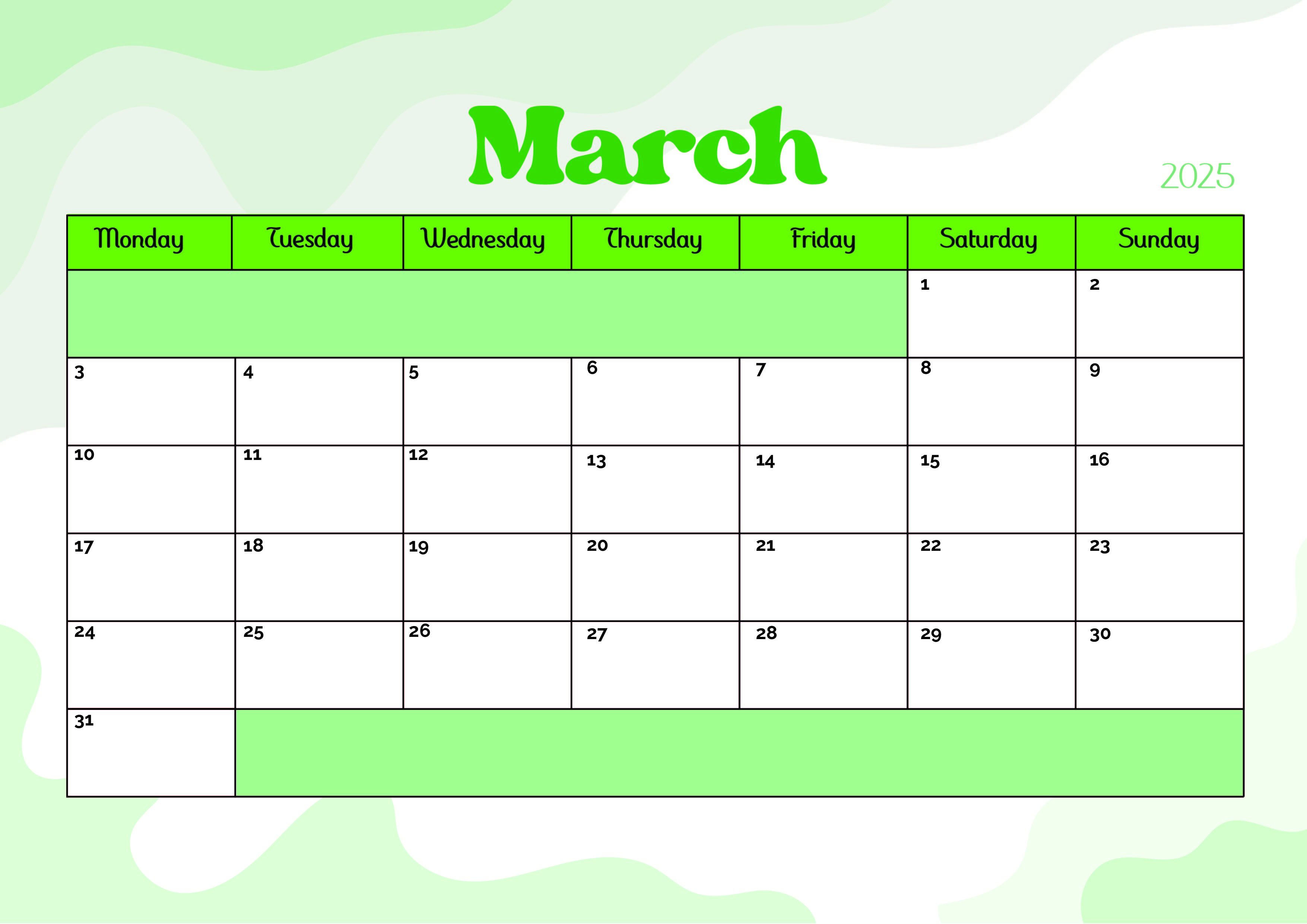 March 2025 Calendar for Printing