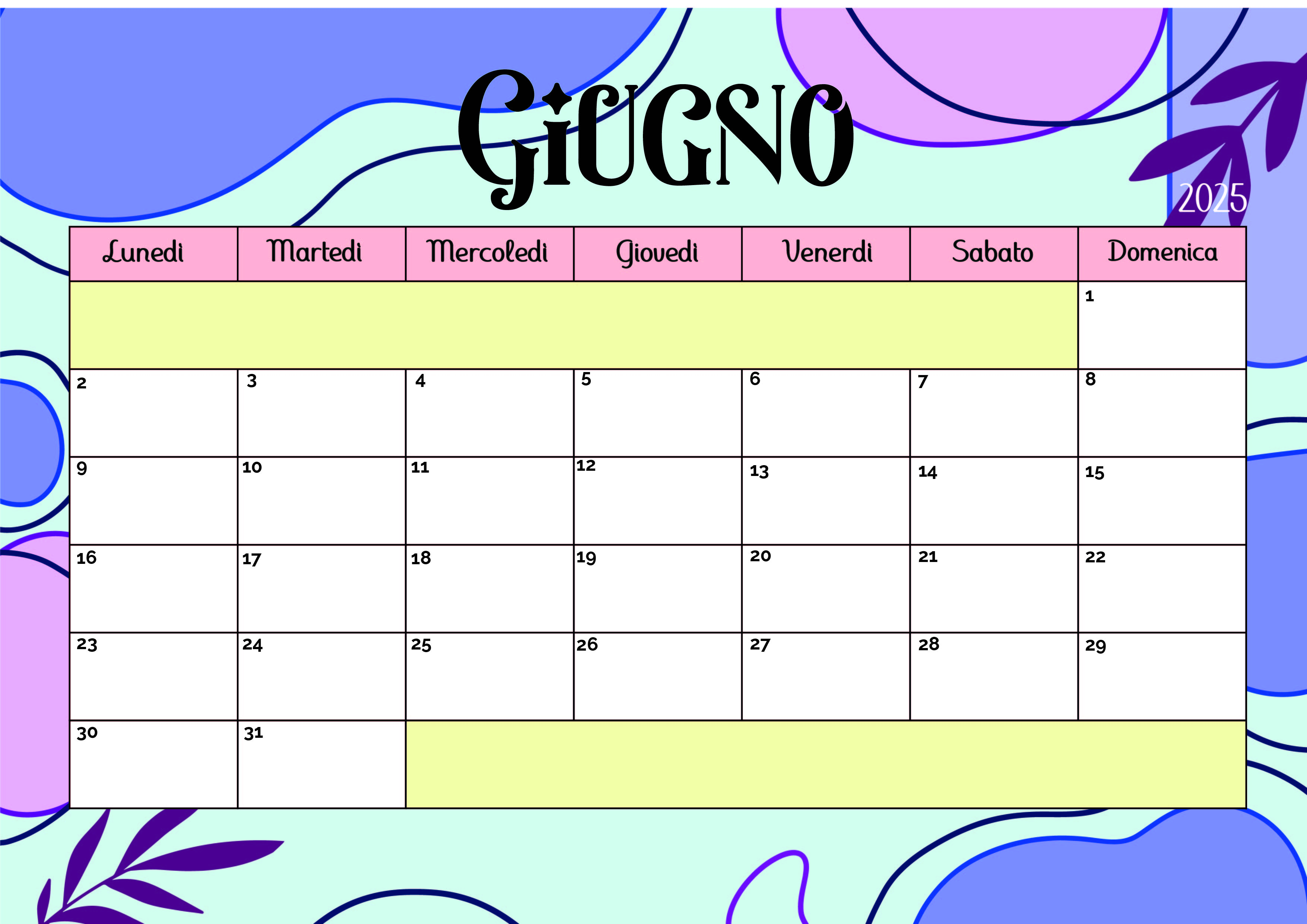 Calendario Giugno 2025 da stampare