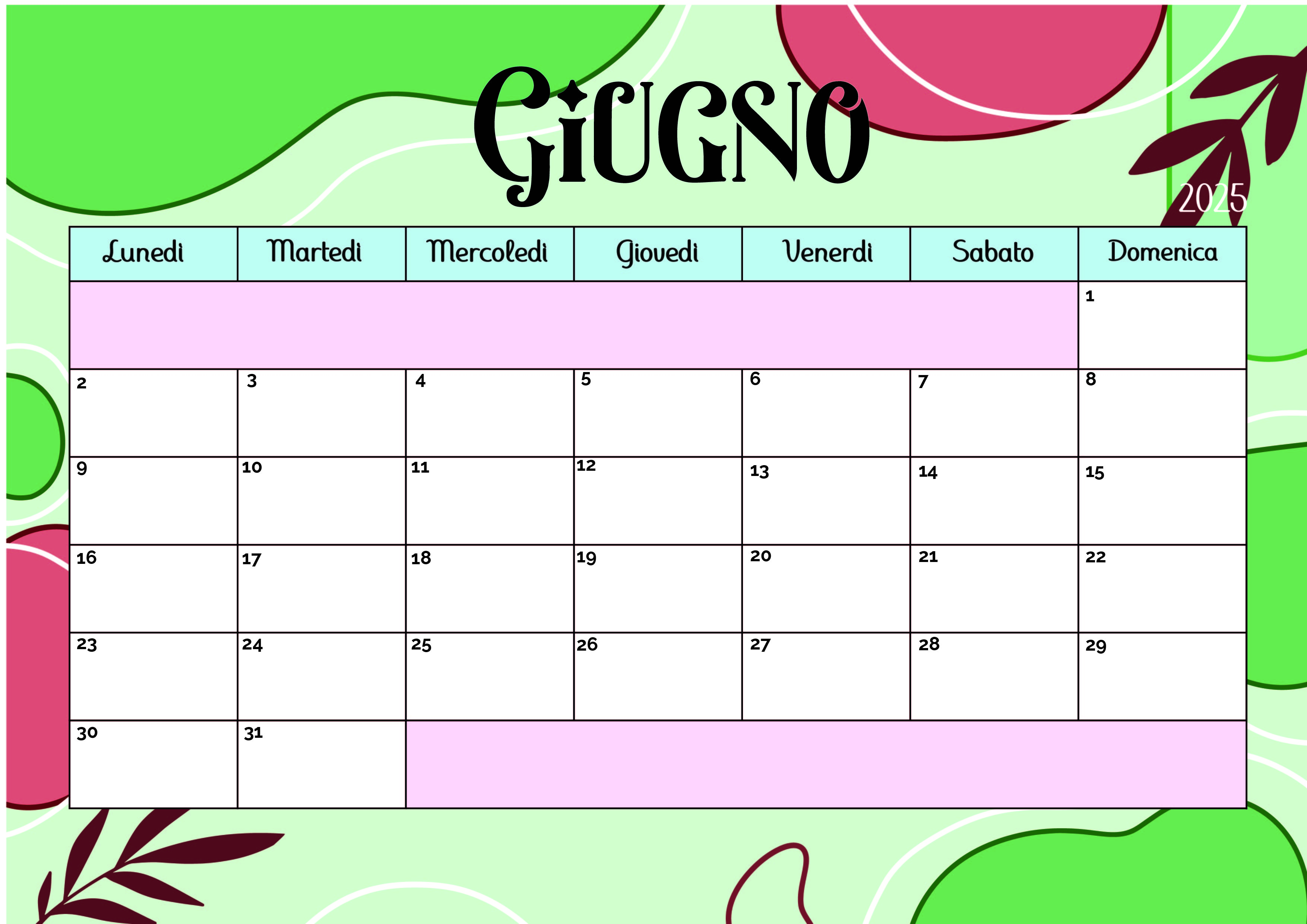 Calendario Giugno 2025 da stampare