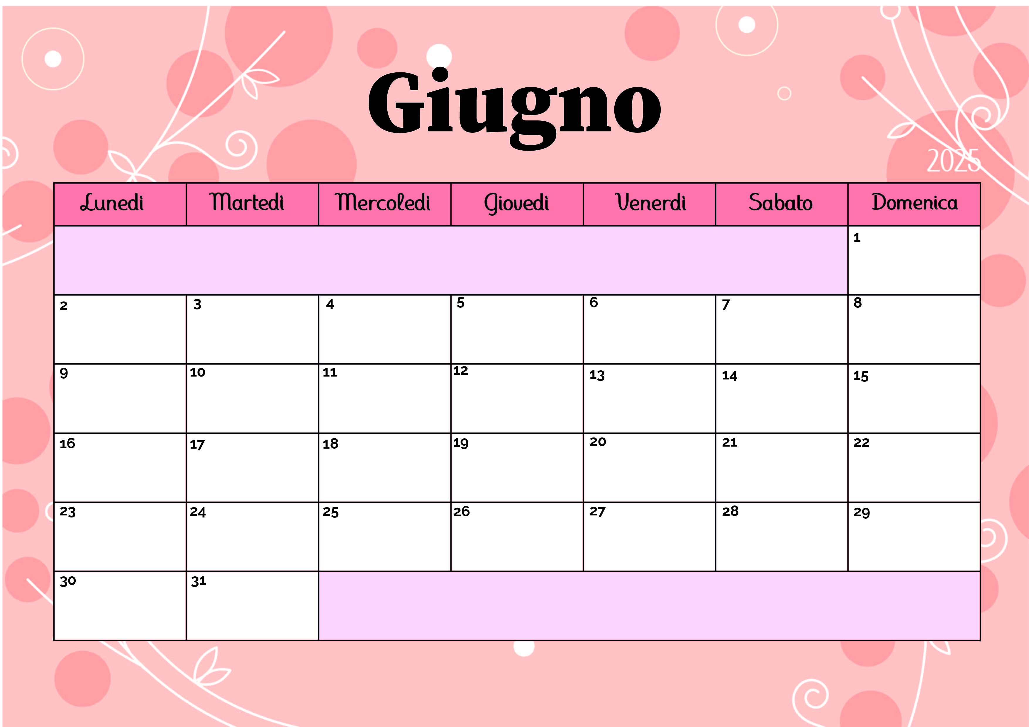 Calendario Giugno 2025 da stampare