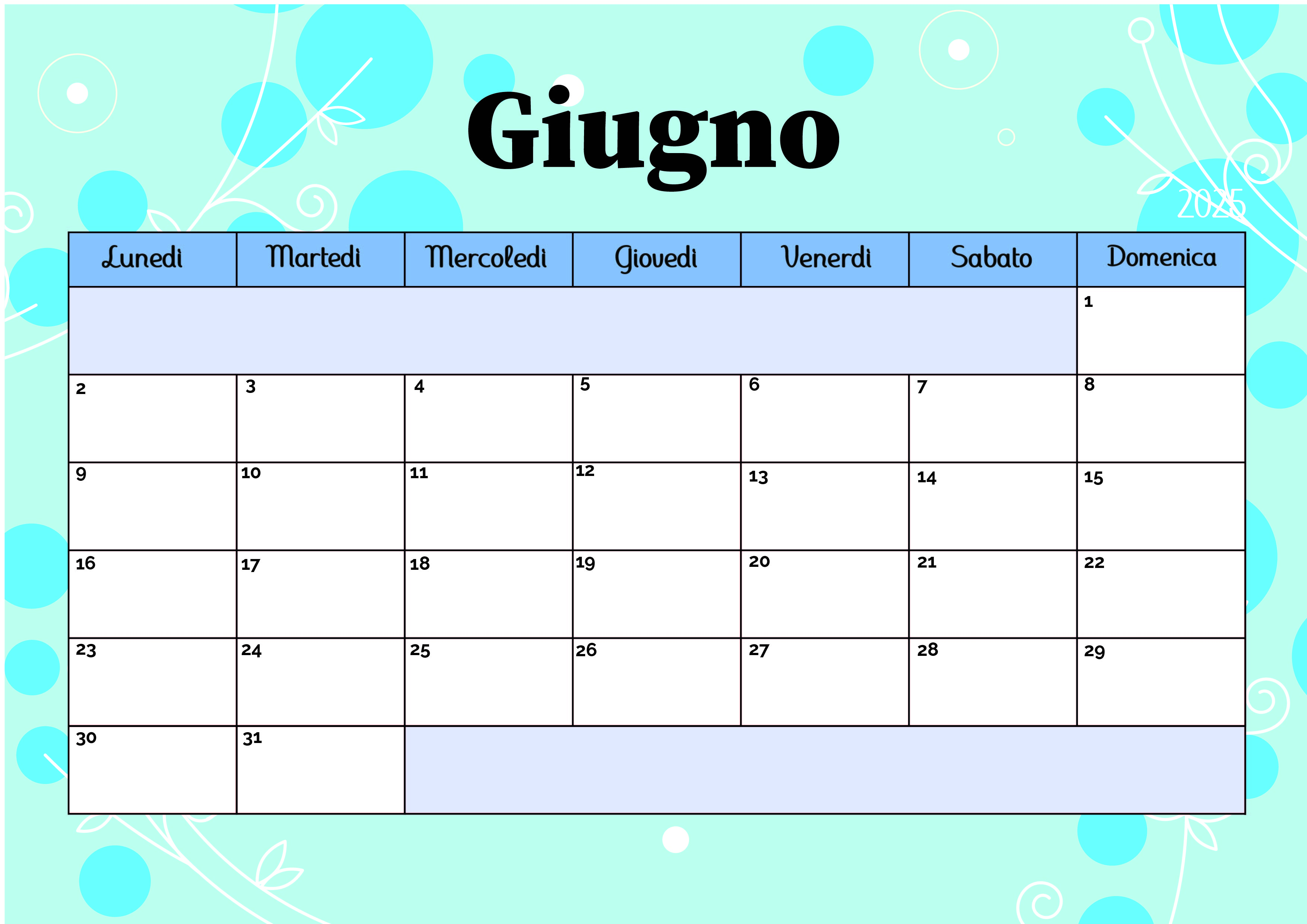 Calendario di Giugno 2025 da stampare in PDF