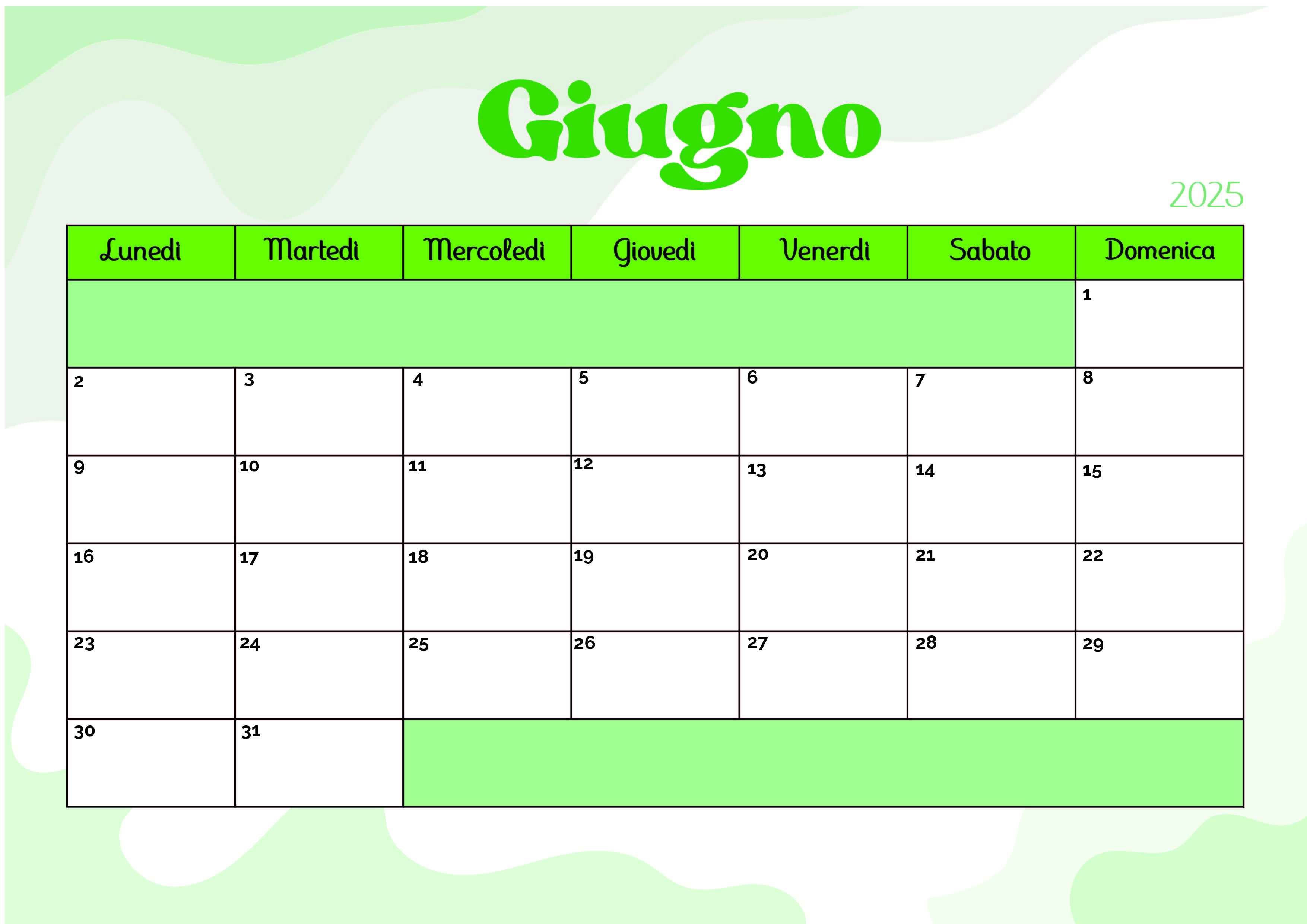 Calendario Giugno 2025 da stampare