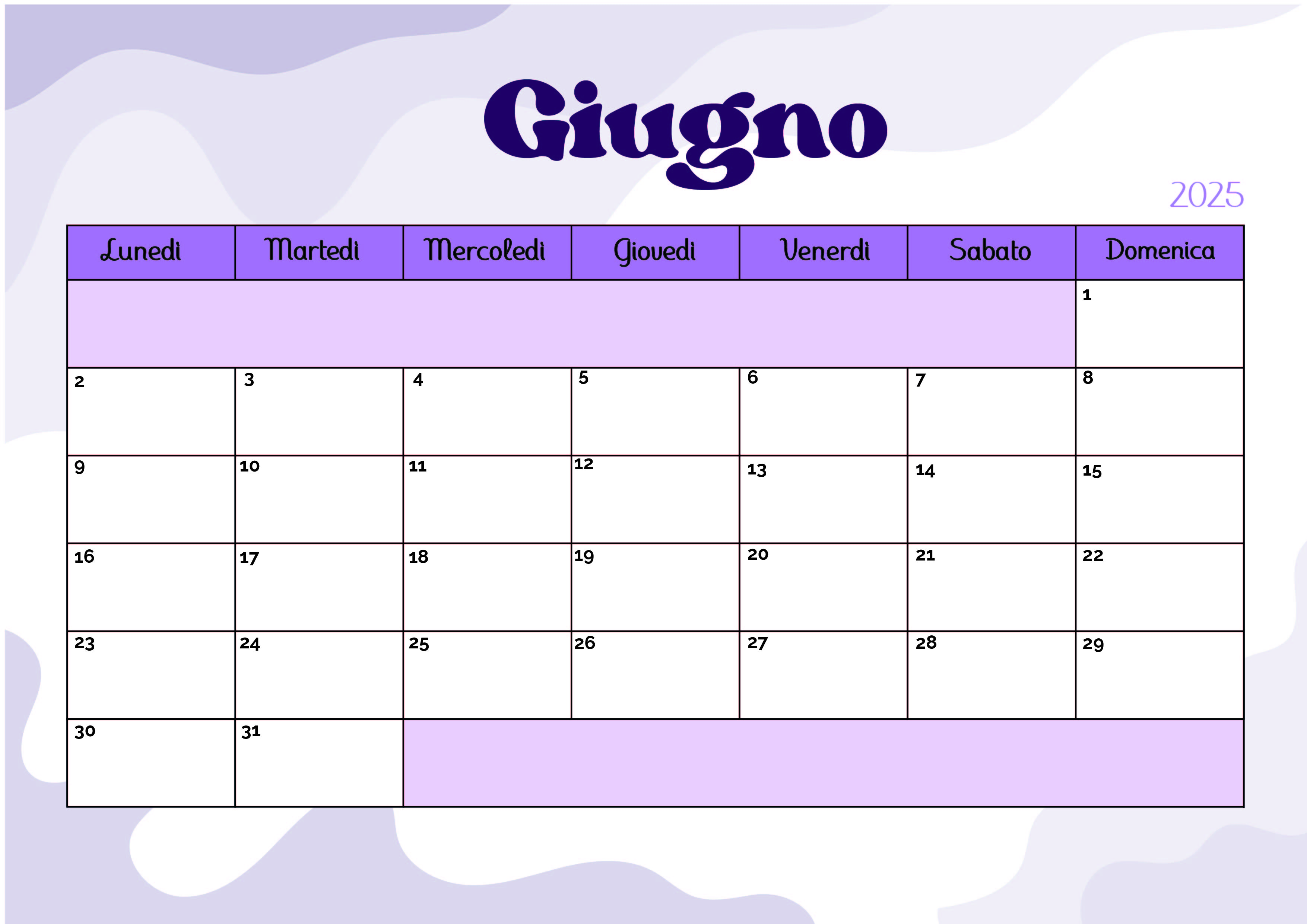 Calendario Giugno 2025 da stampare