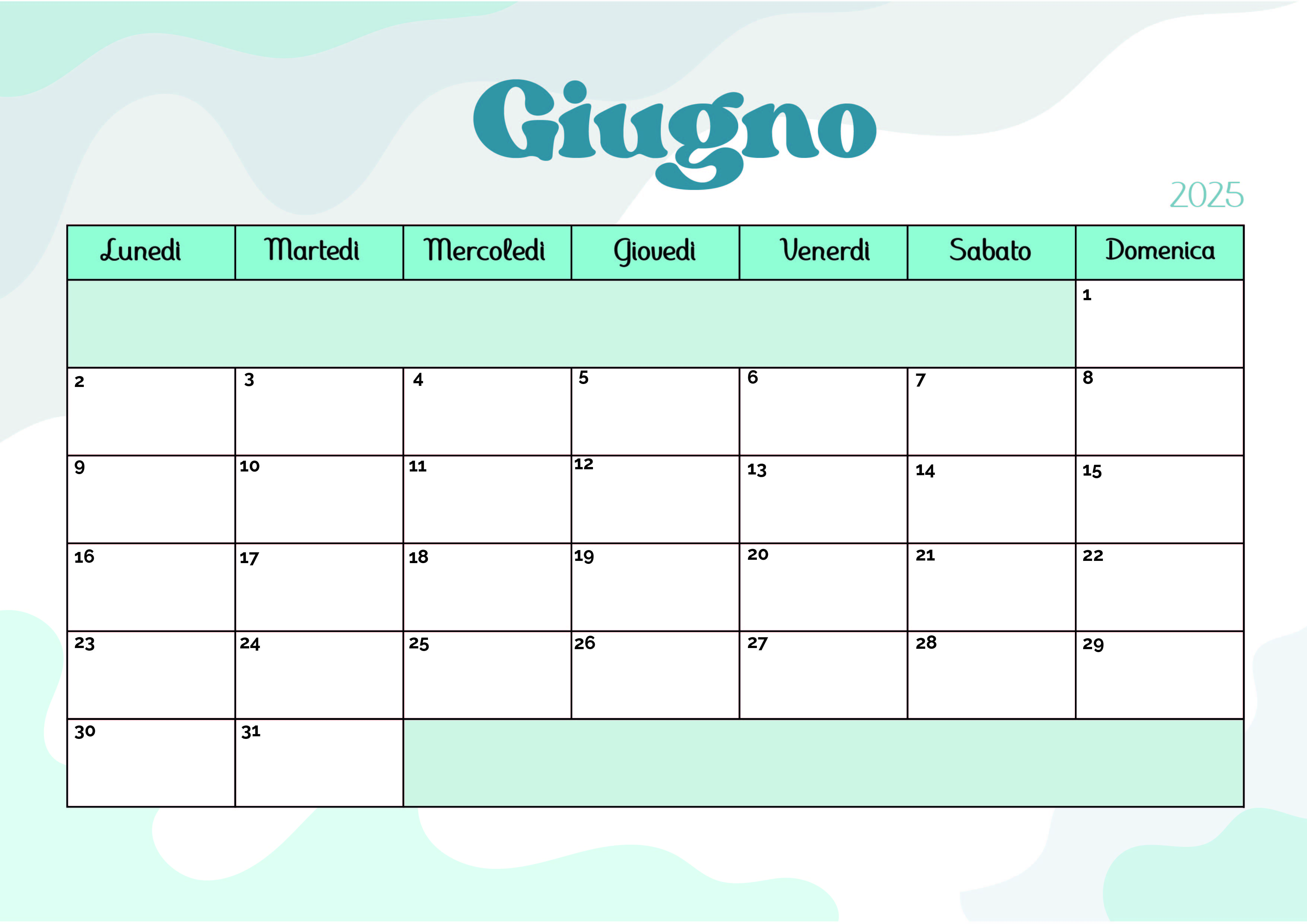 Calendario Giugno 2025 da stampare