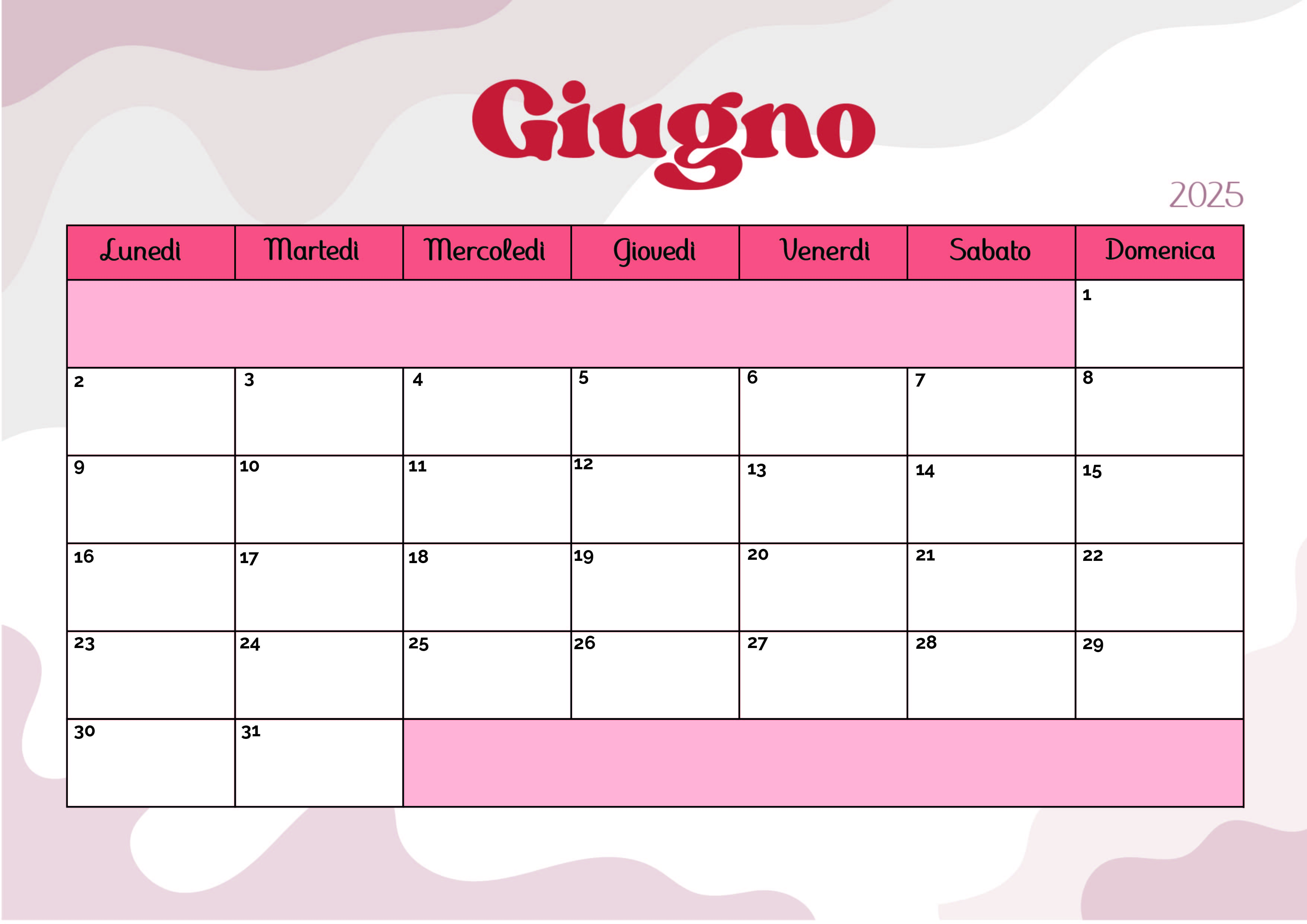 Calendario Giugno 2025 da stampare