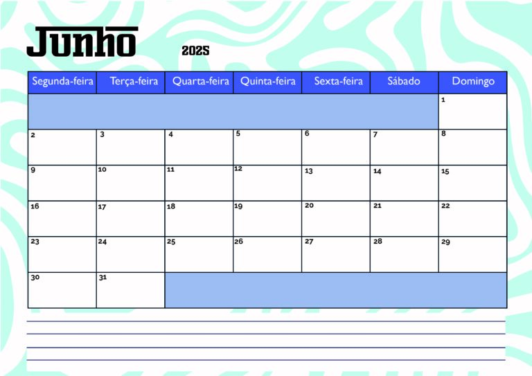 Calendário Junho 2025 para imprimir