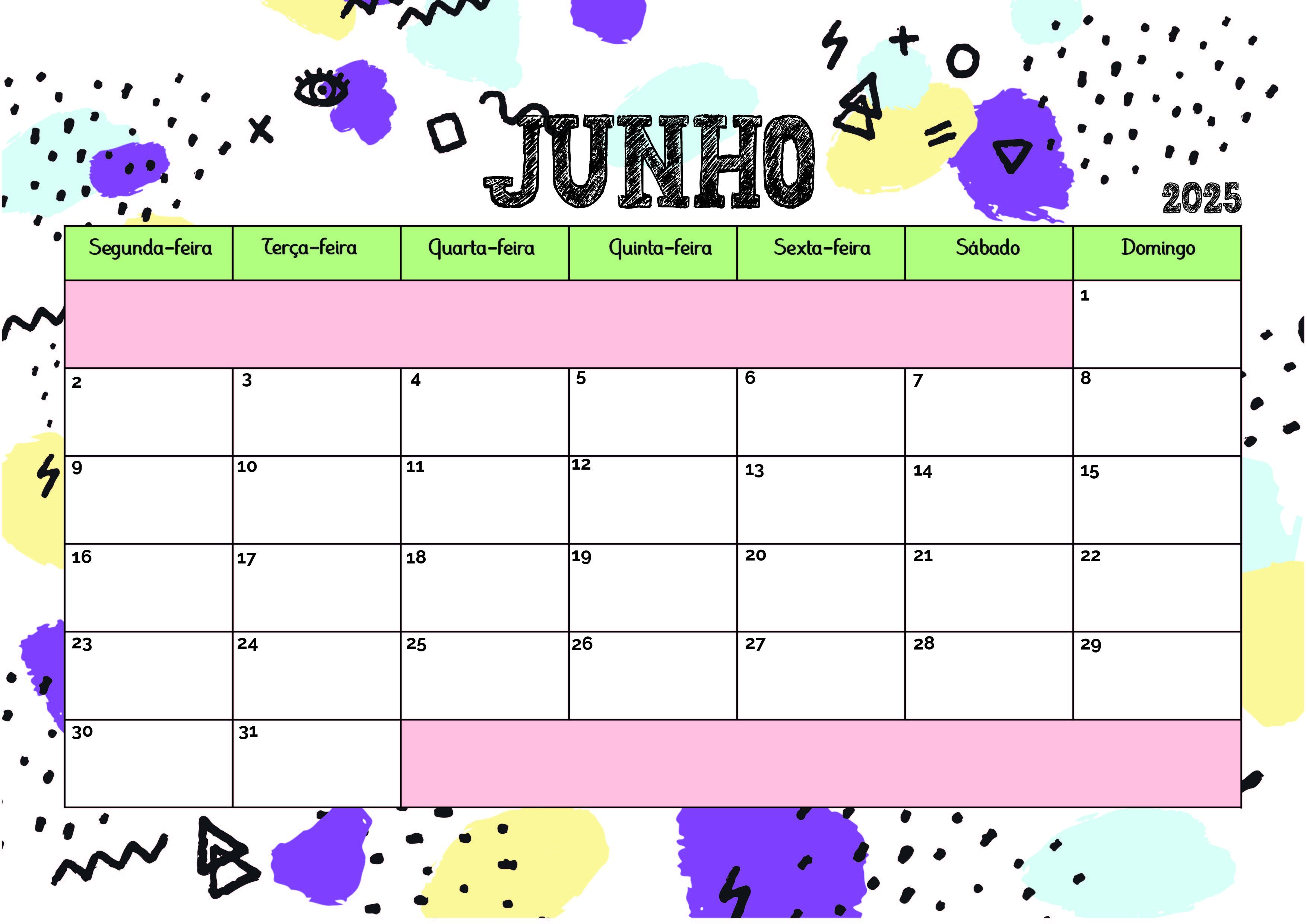 Calendário de Junho de 2025 para imprimir em PDF