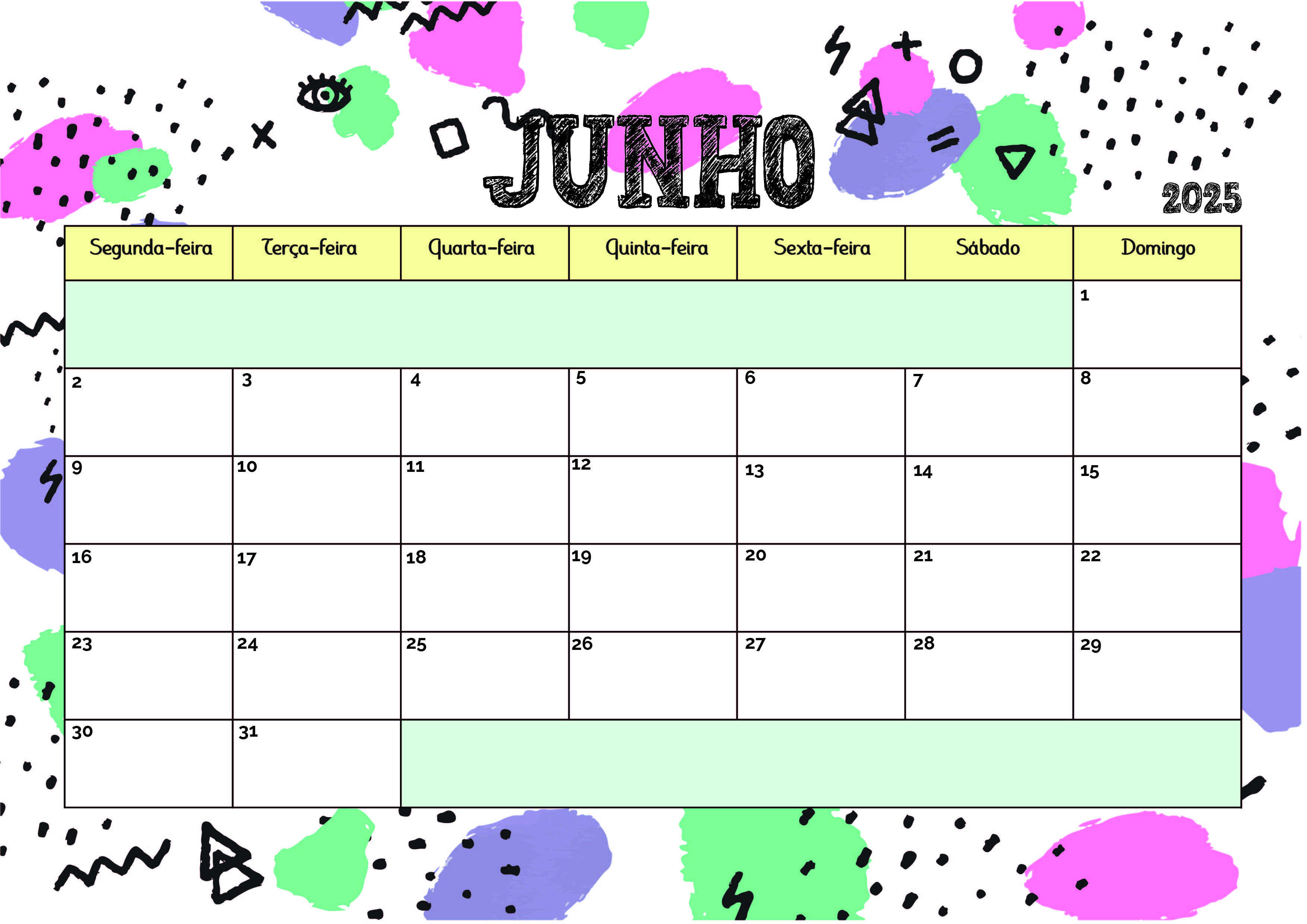 Calendário de Junho de 2025 para imprimir em PDF