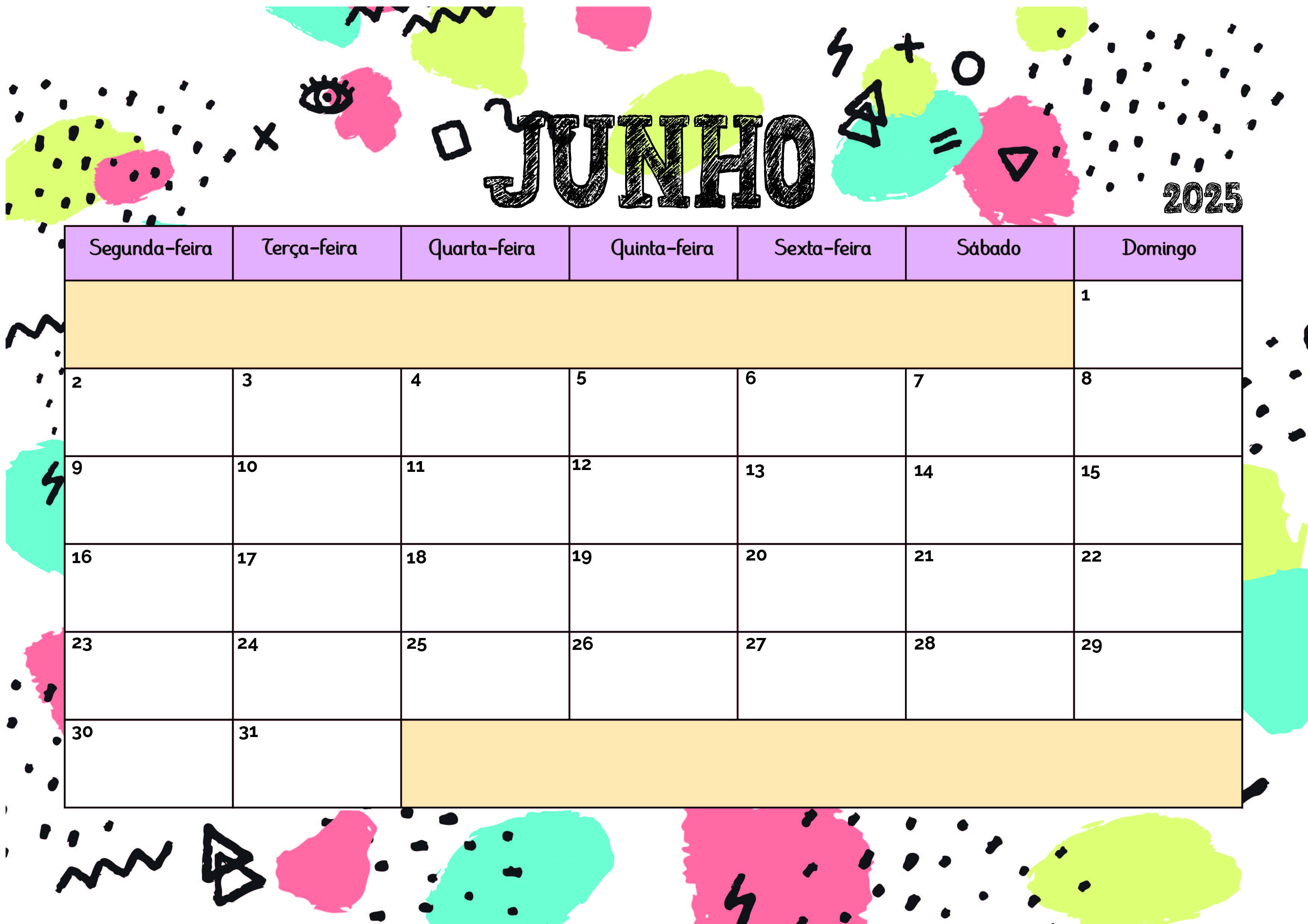 Calendário de Junho de 2025 para imprimir em PDF