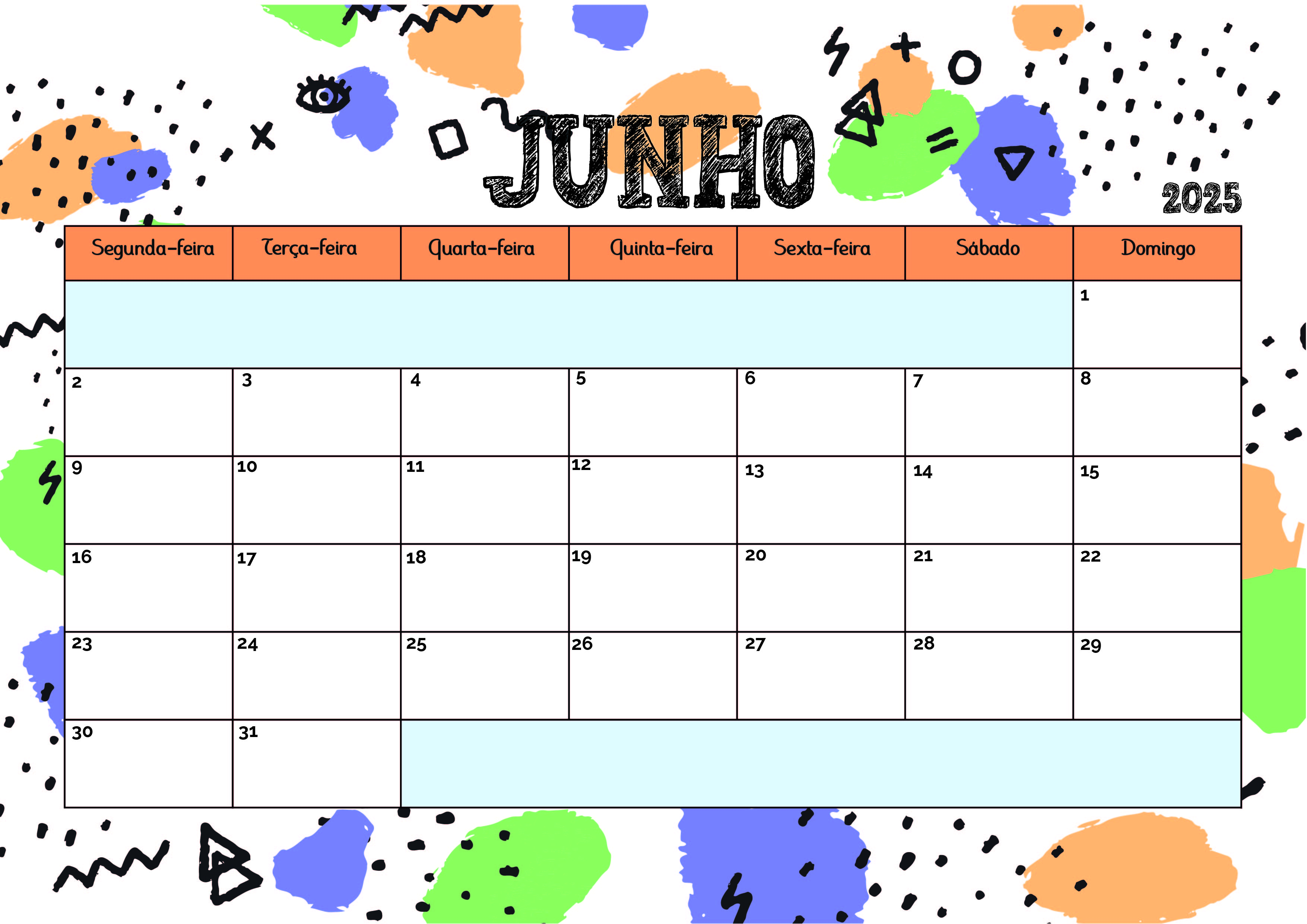 Calendário de Junho de 2025 para imprimir em PDF