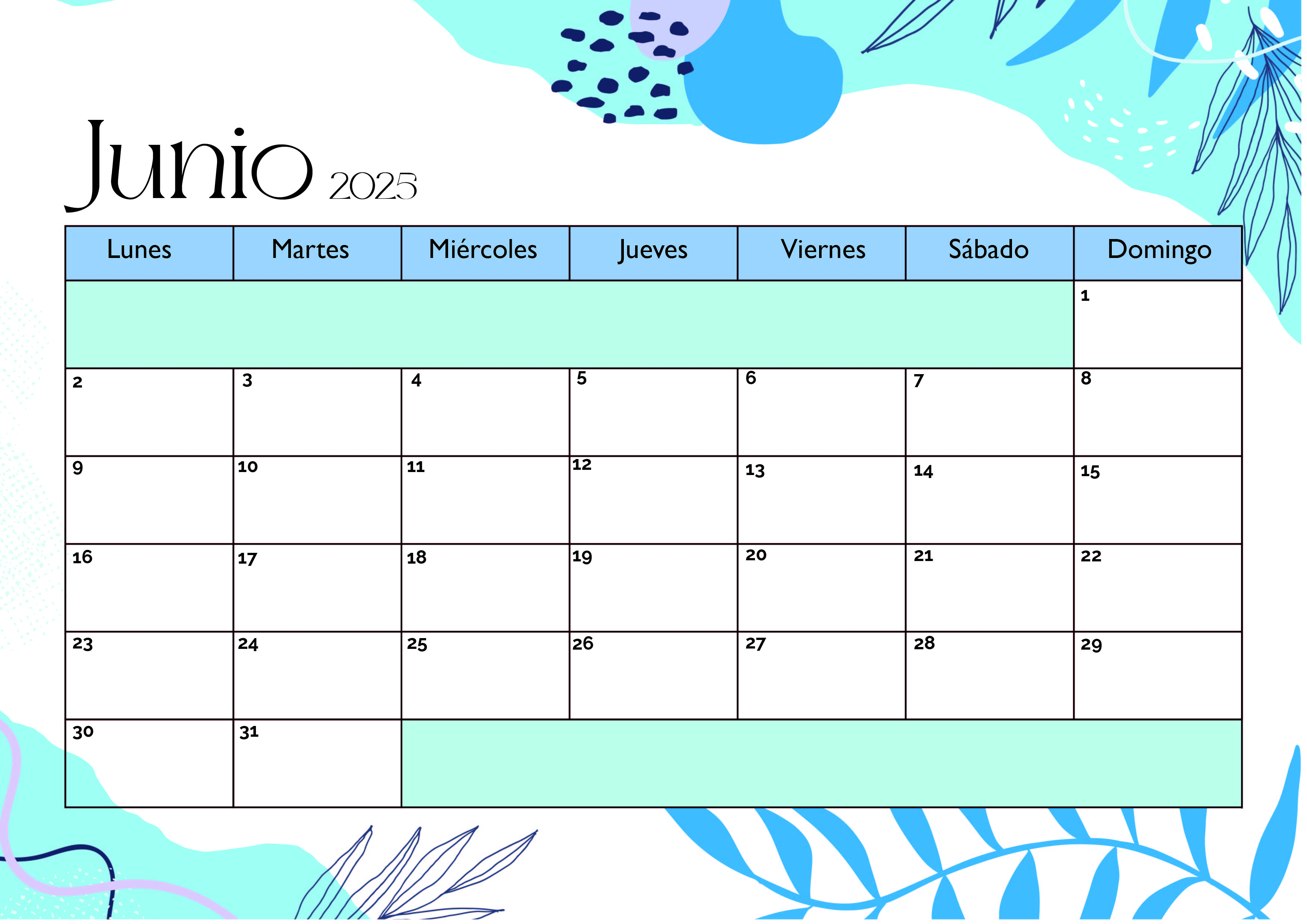 Calendario de Junio 2025 para imprimir en PDF