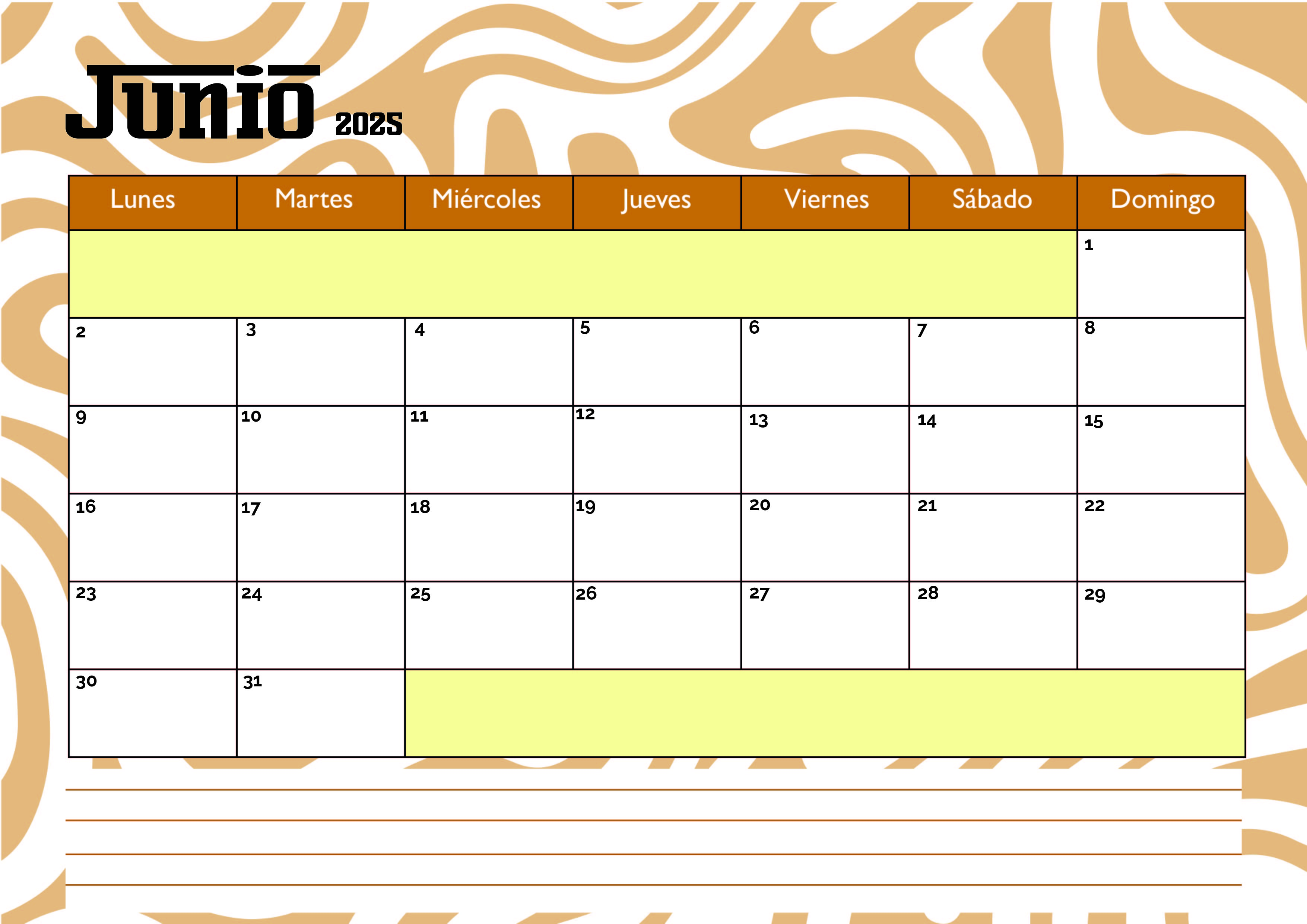 Calendario de Junio 2025 para imprimir en PDF