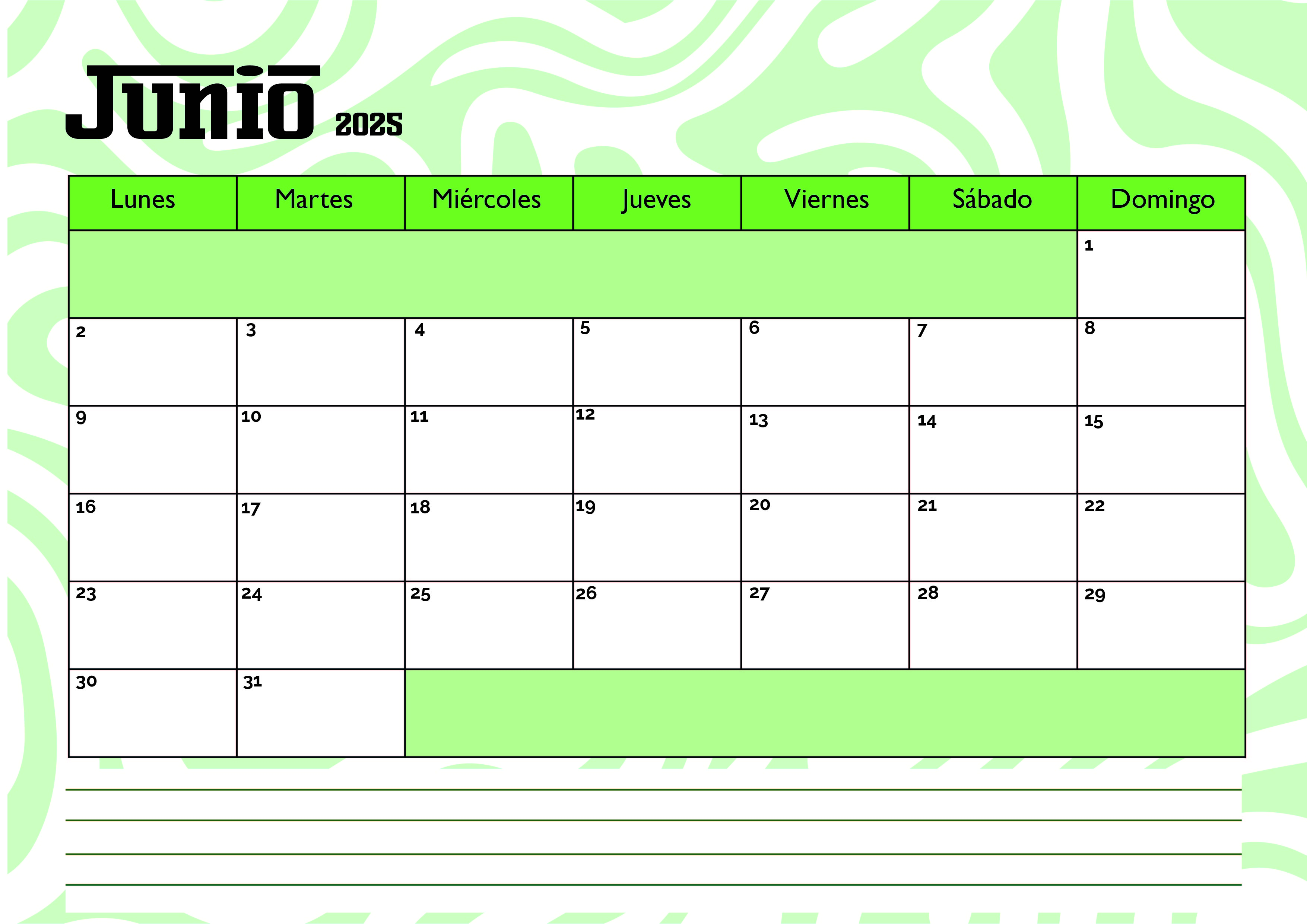 Calendario de Junio 2025 para imprimir en PDF