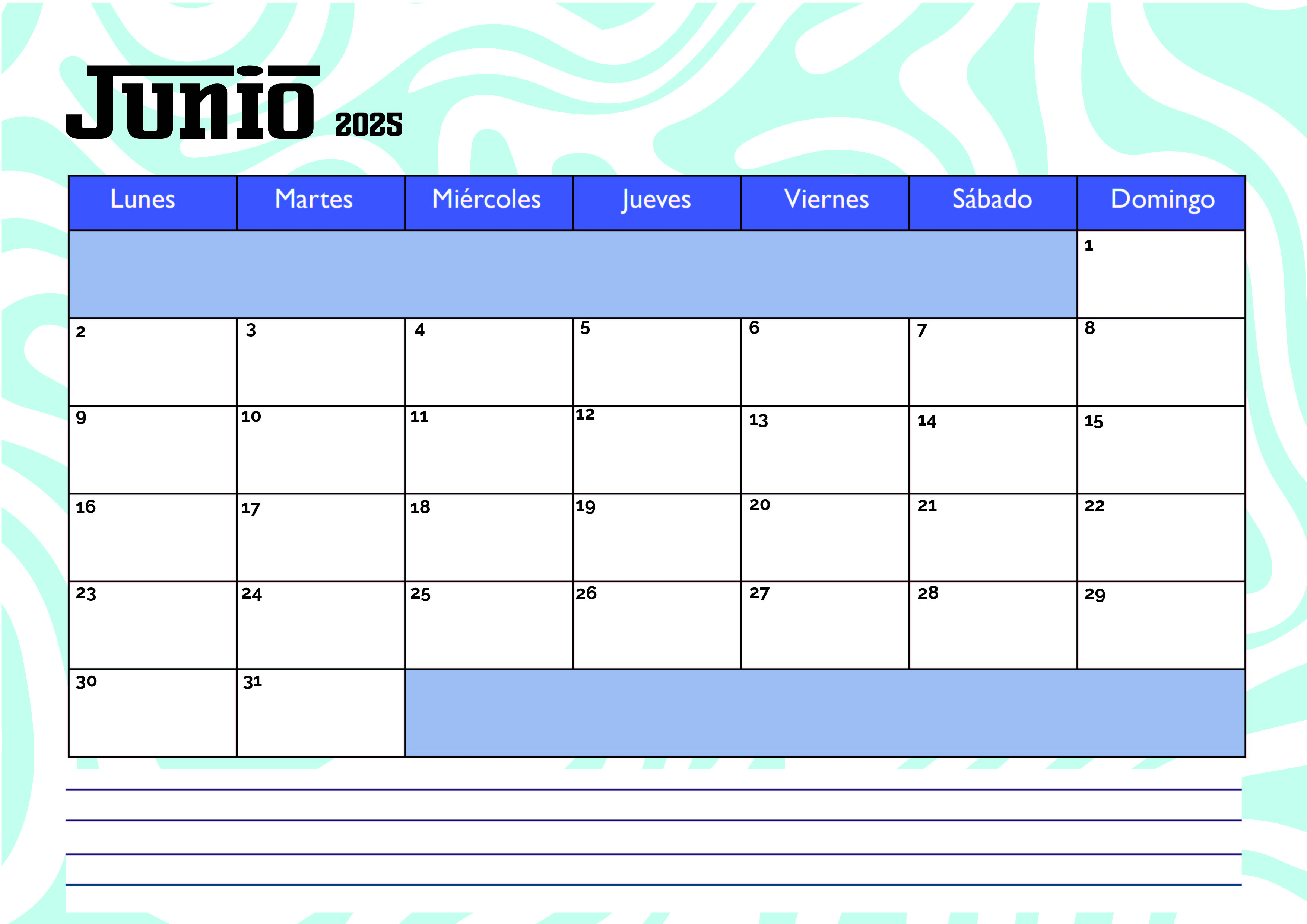 Calendario de Junio 2025 para imprimir en PDF