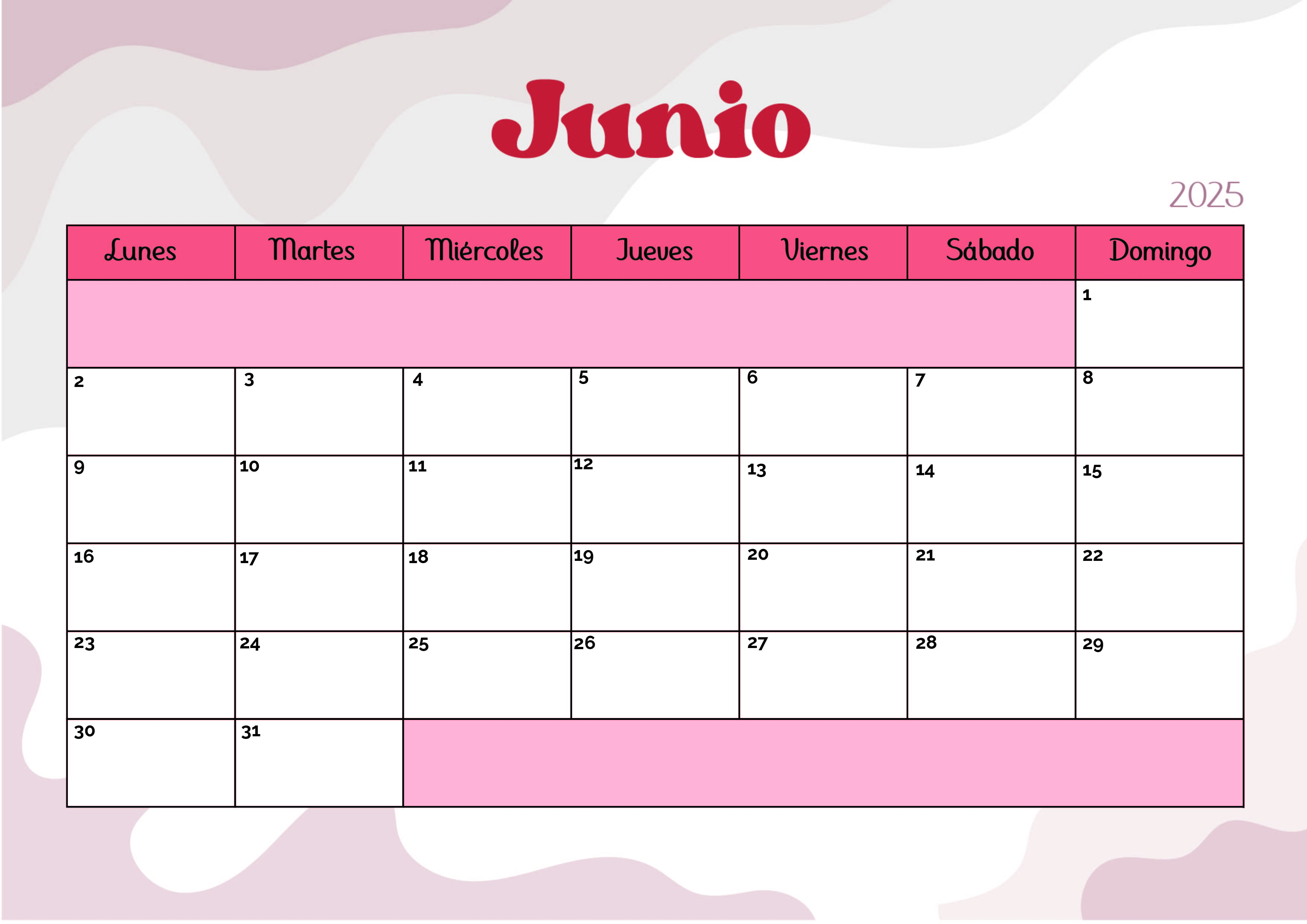 Calendario de Junio 2025 para imprimir en PDF