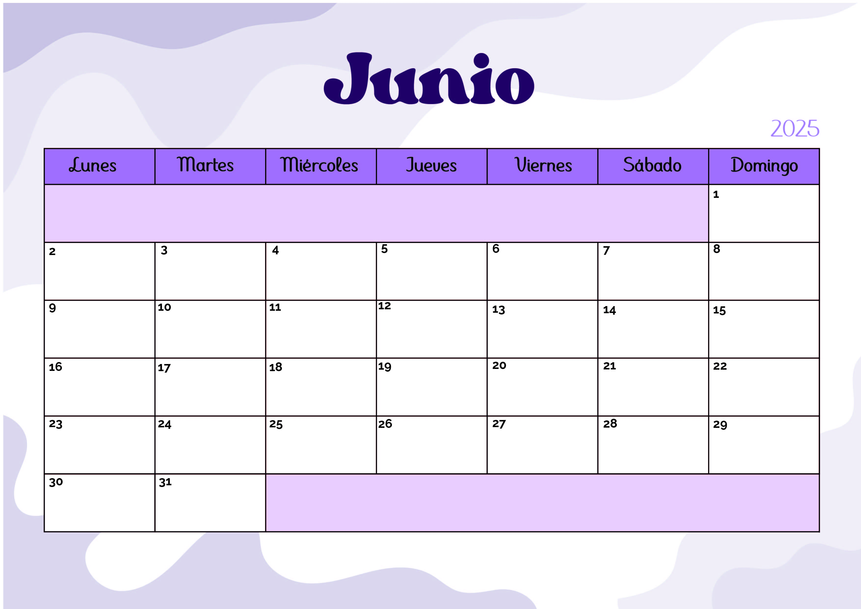 Calendario Junio 2025 para imprimir