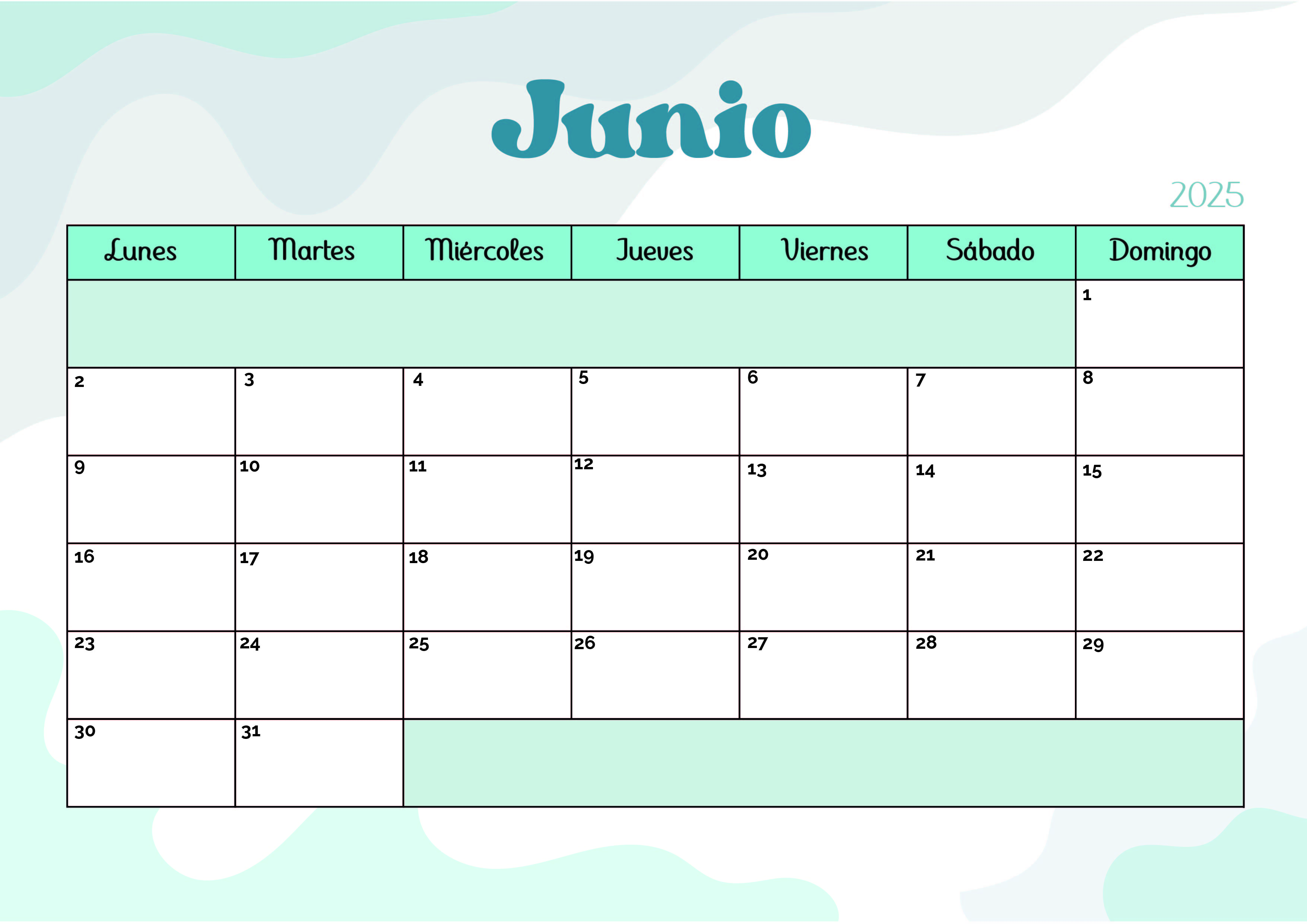 Calendario de Junio 2025 para imprimir en PDF