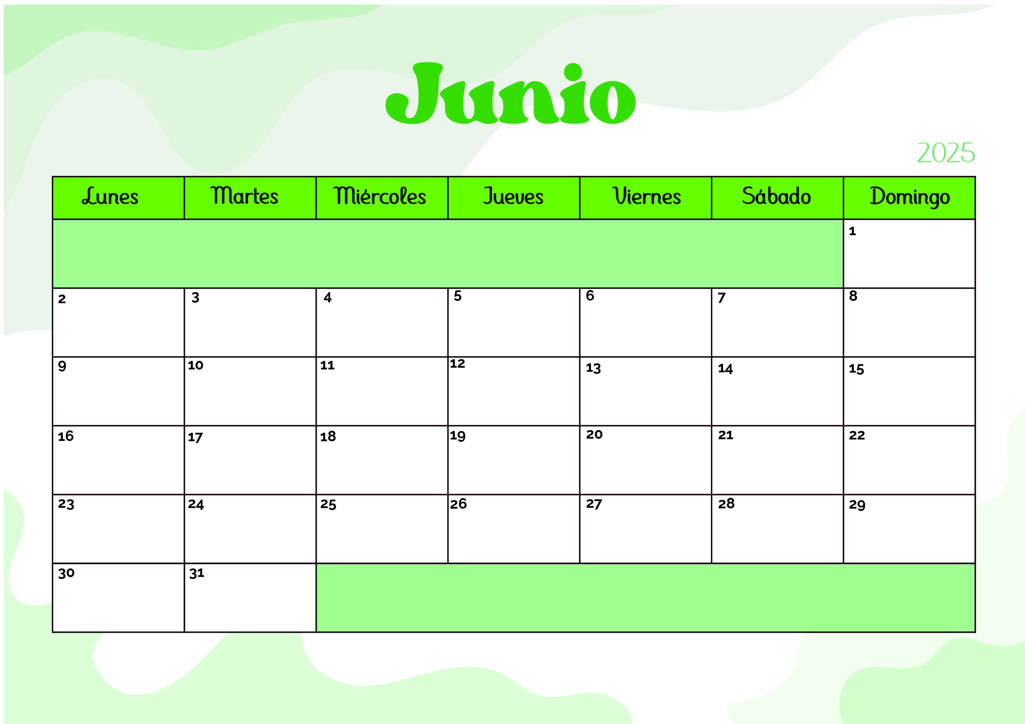 Calendario de Junio 2025 para imprimir en PDF