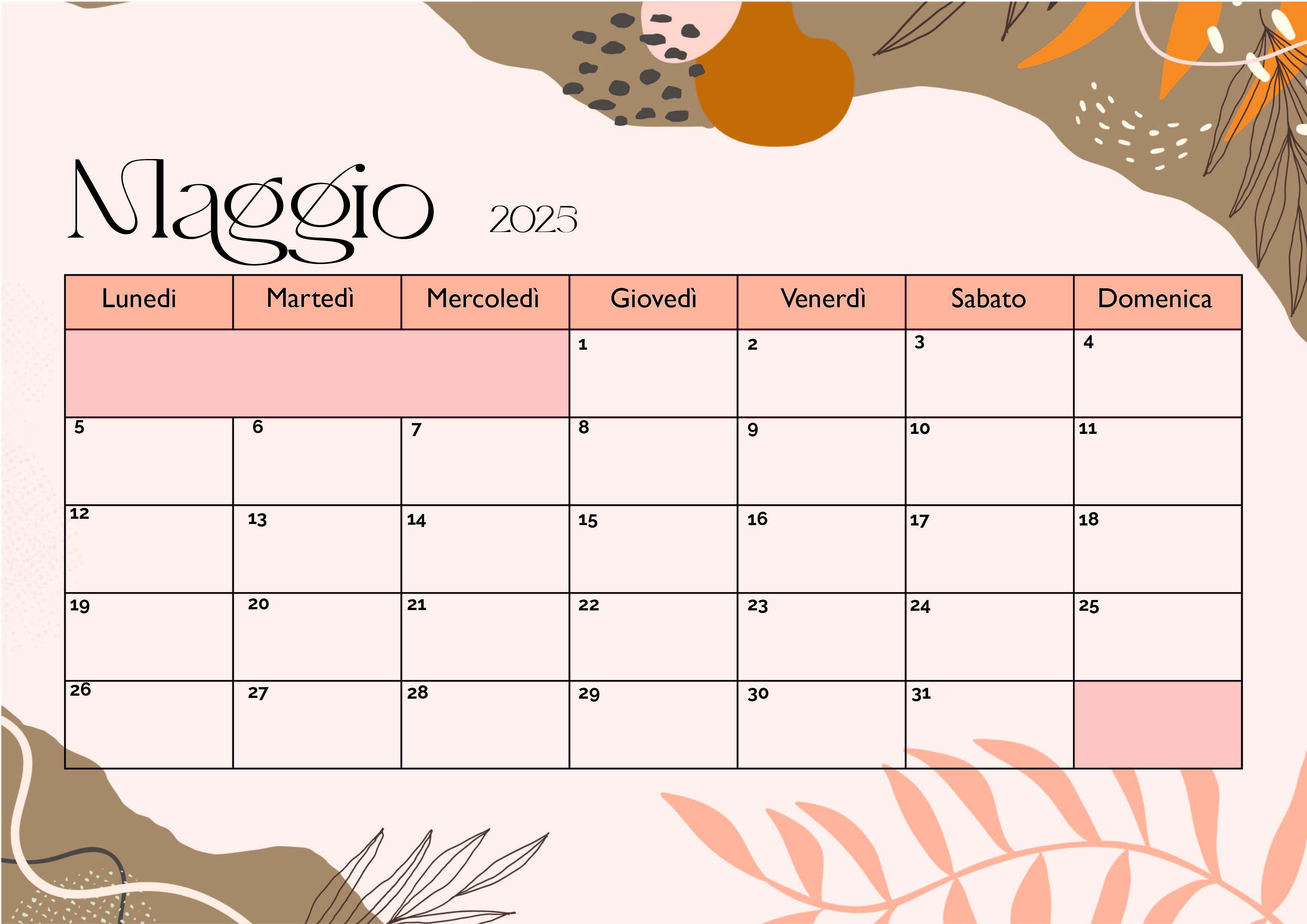 Calendario Maggio 2025 da stampare