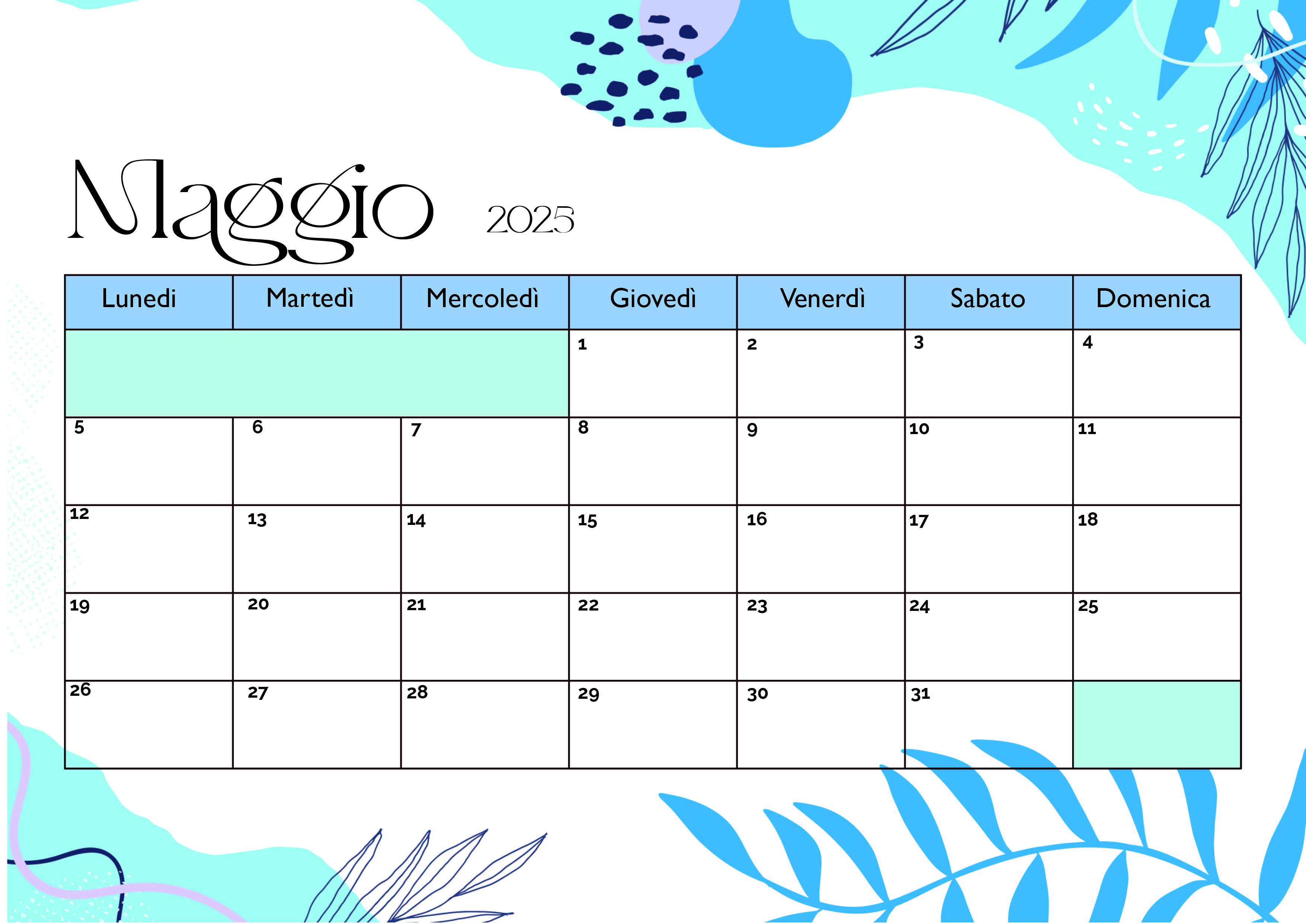 Calendario Maggio 2025 da stampare