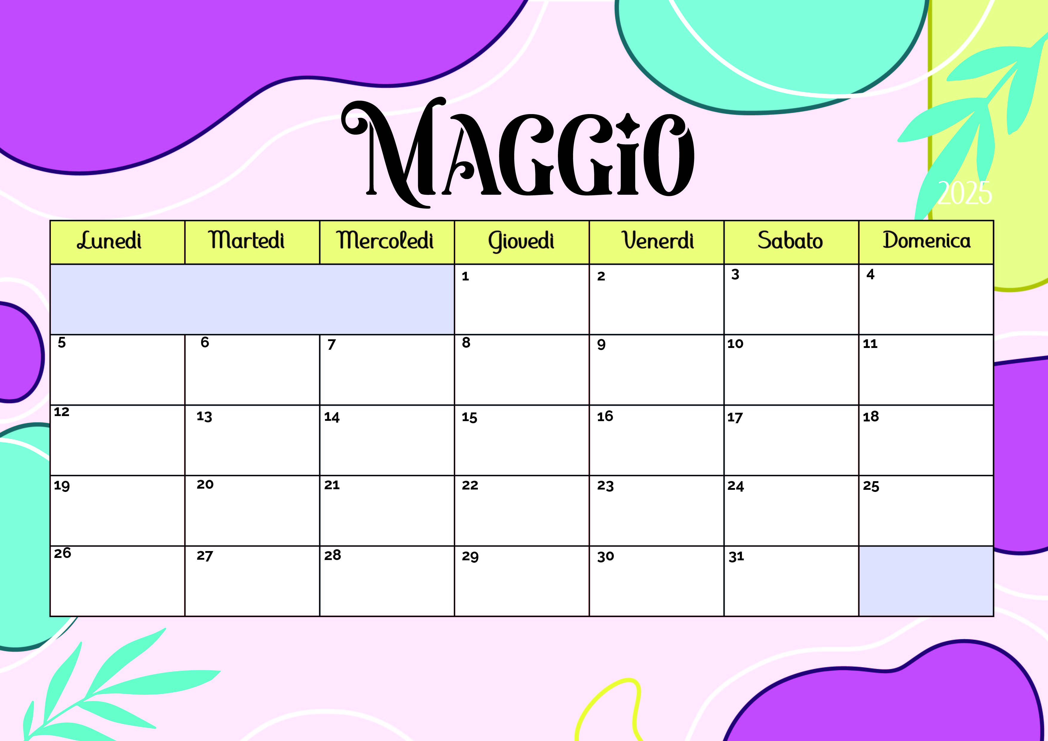 Calendario Maggio 2025 da stampare