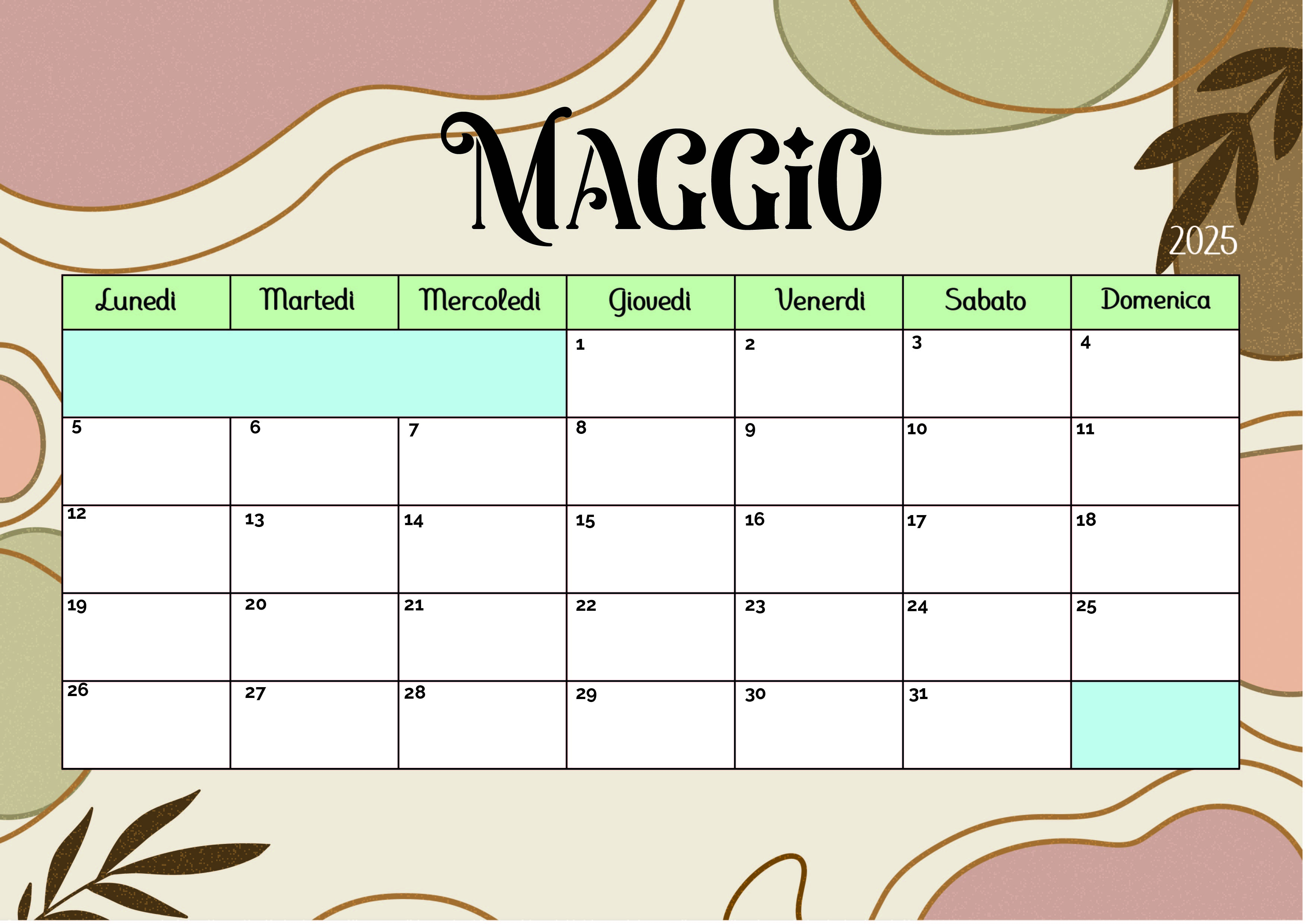 Calendario Maggio 2025 da stampare