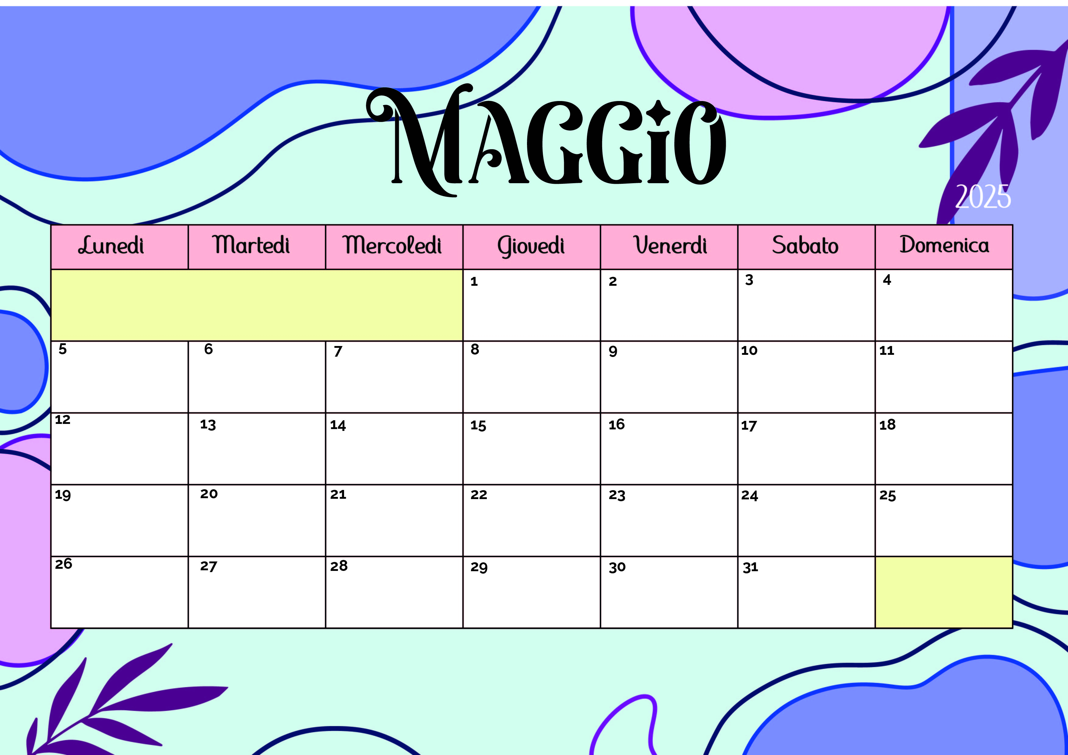 Calendario Maggio 2025 da stampare