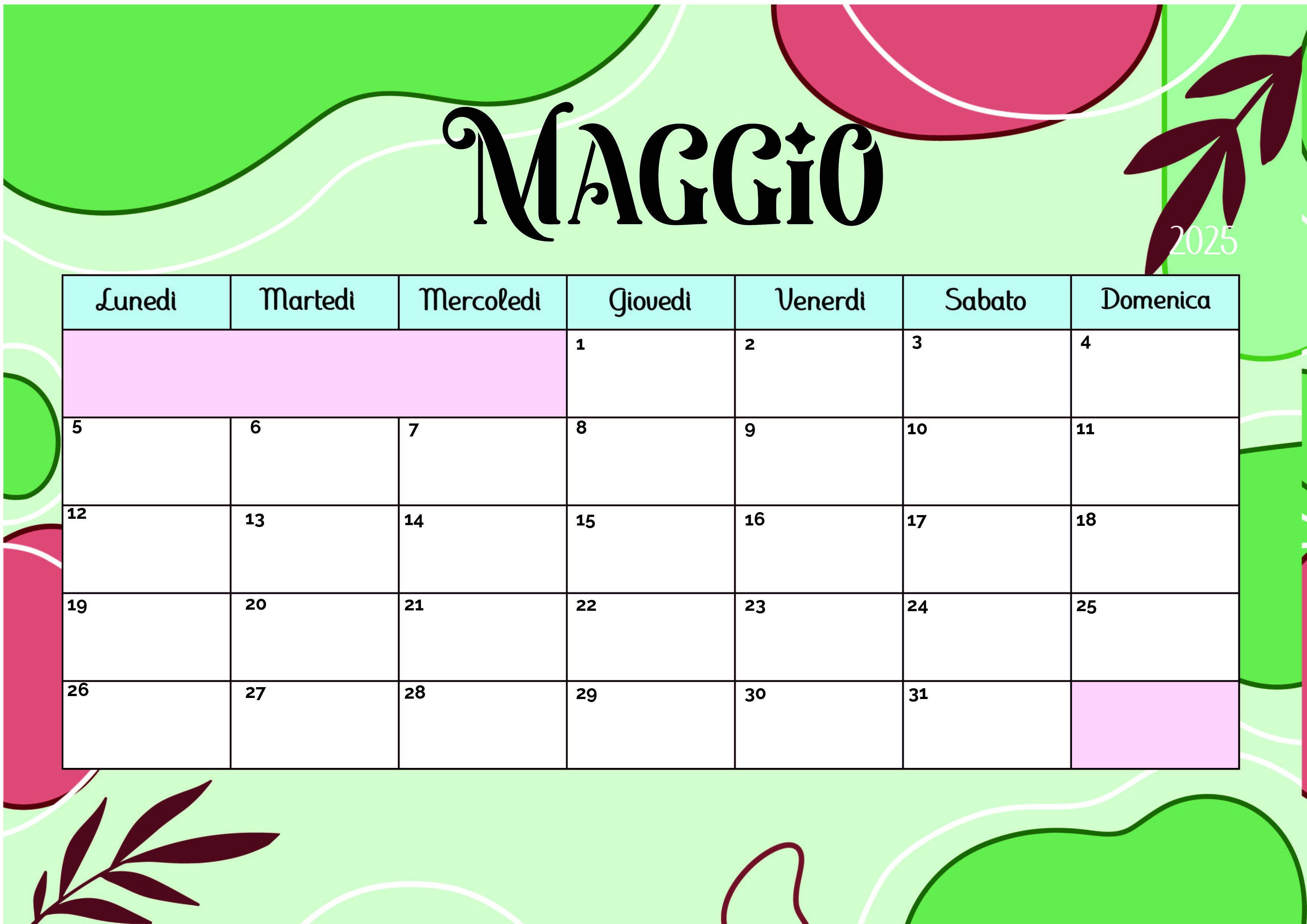 Calendario Maggio 2025 da stampare