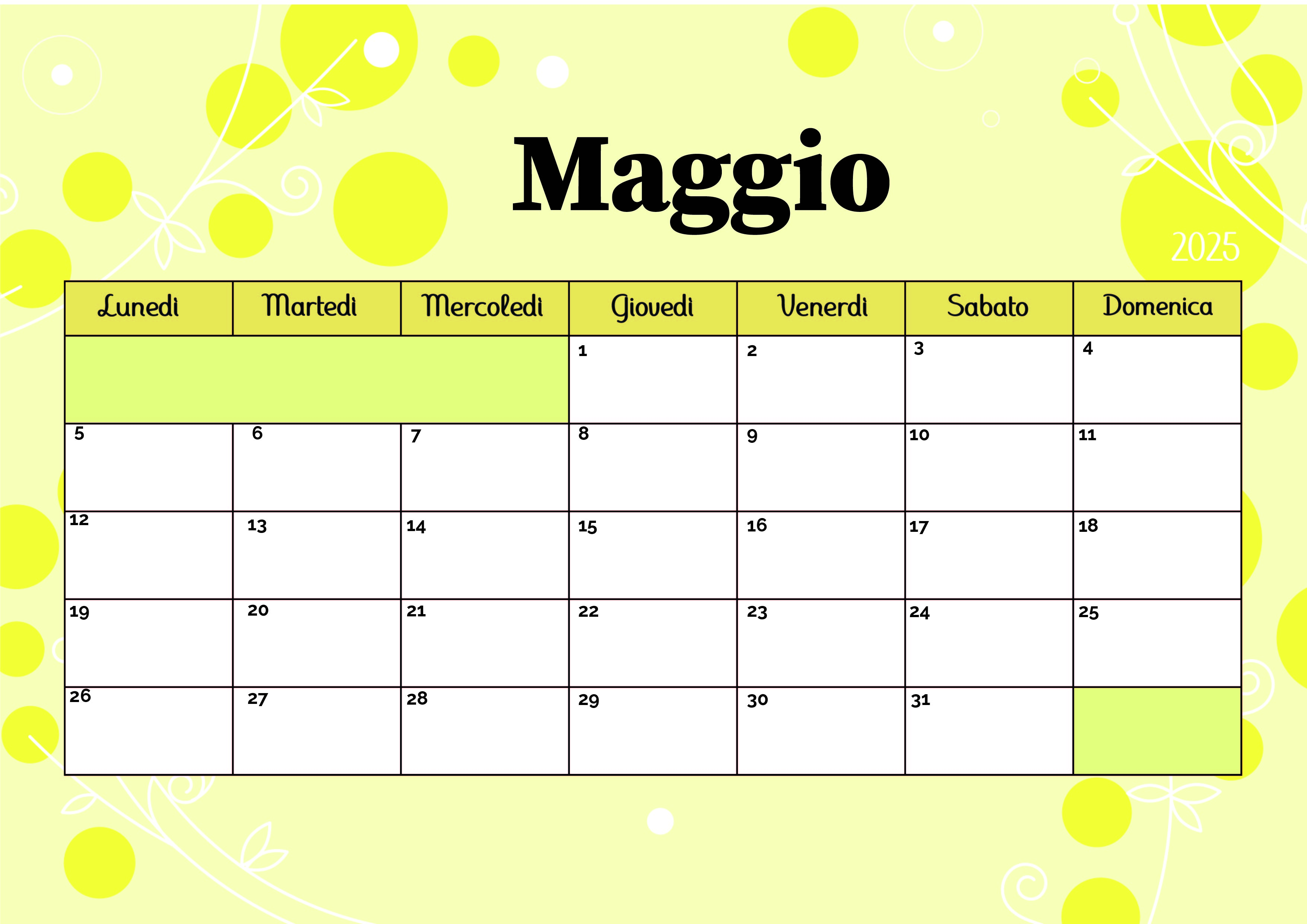 Calendario Maggio 2025 da stampare