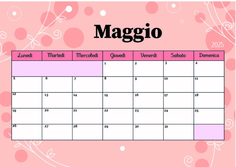 Calendario Maggio 2025 da stampare