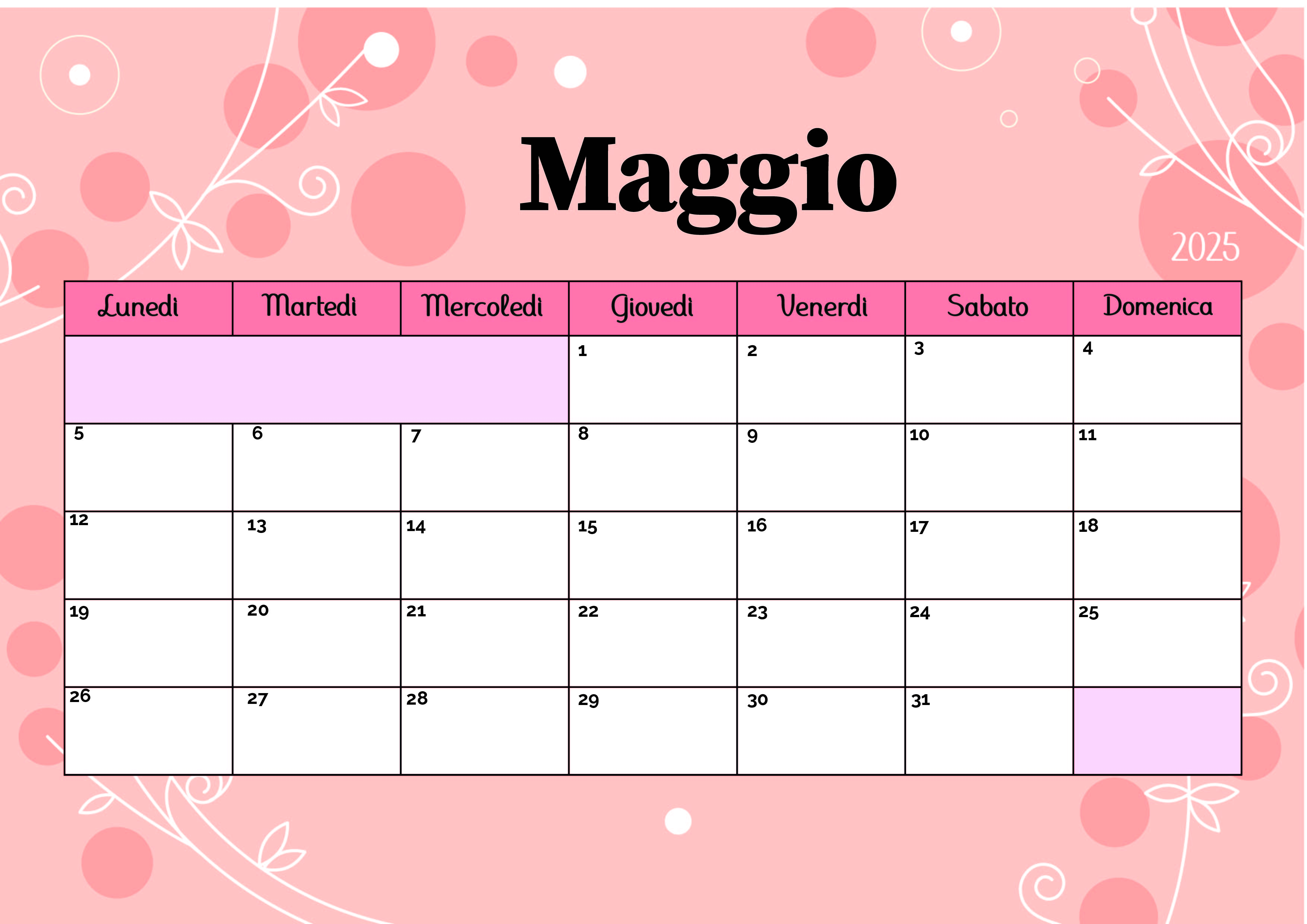 Calendario Maggio 2025 da stampare