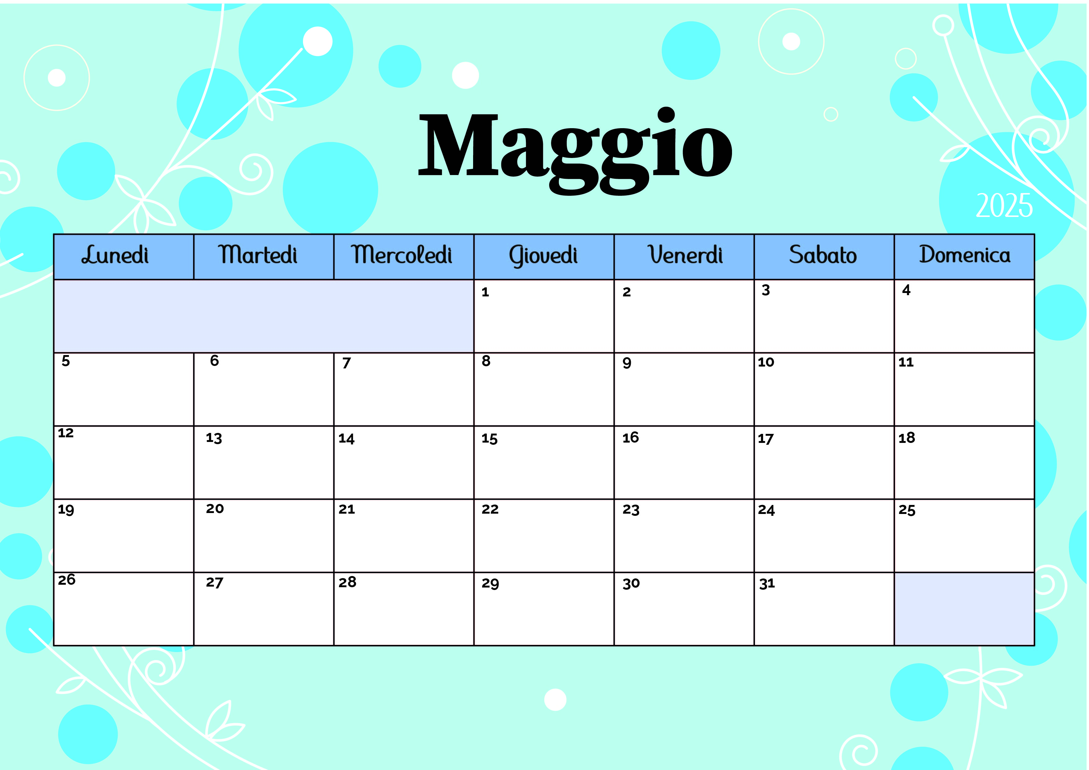 Calendario Maggio 2025 da stampare